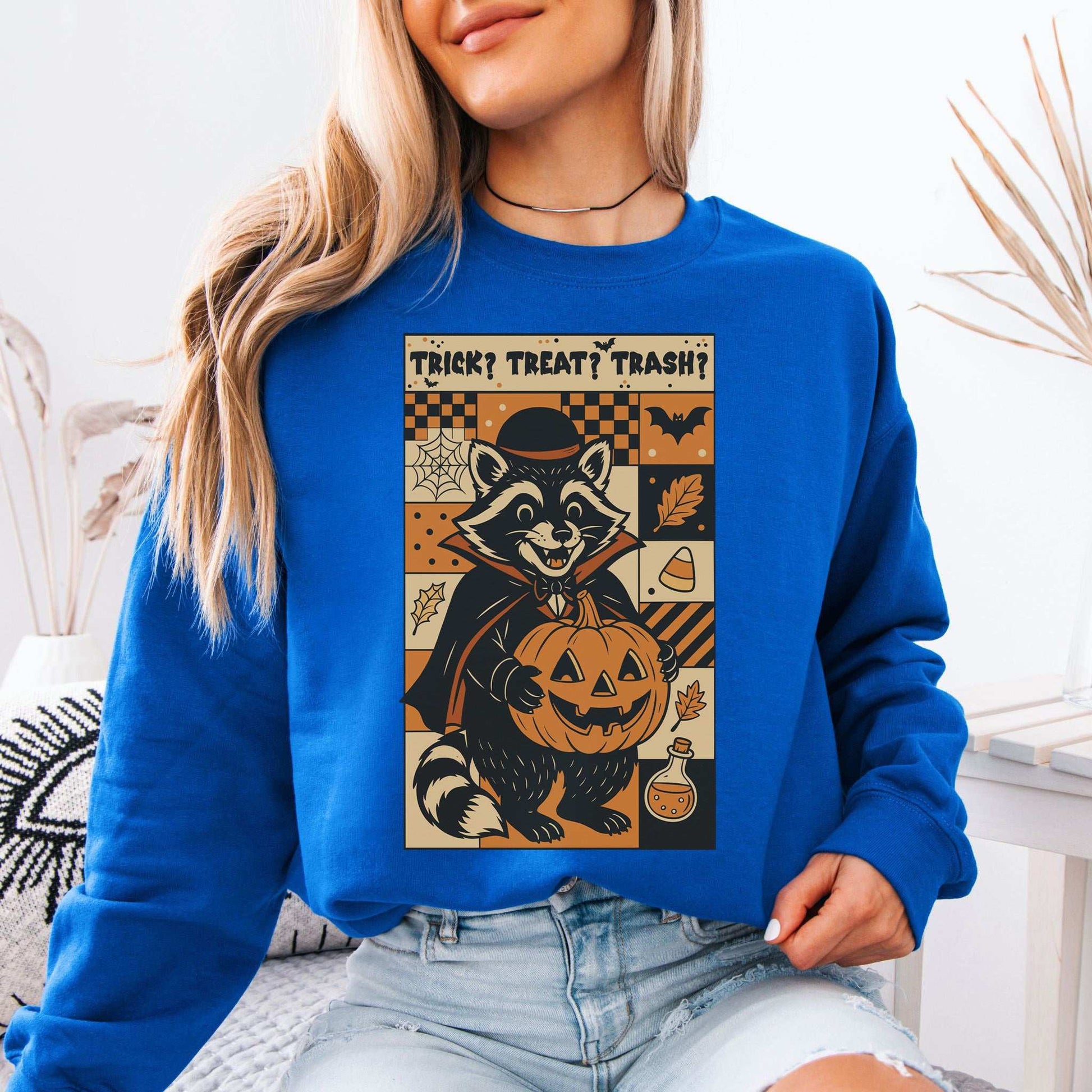 Dracula Raccoon Halloween Sweatshirt – Trick? Treat? Trash? Retro Vibes