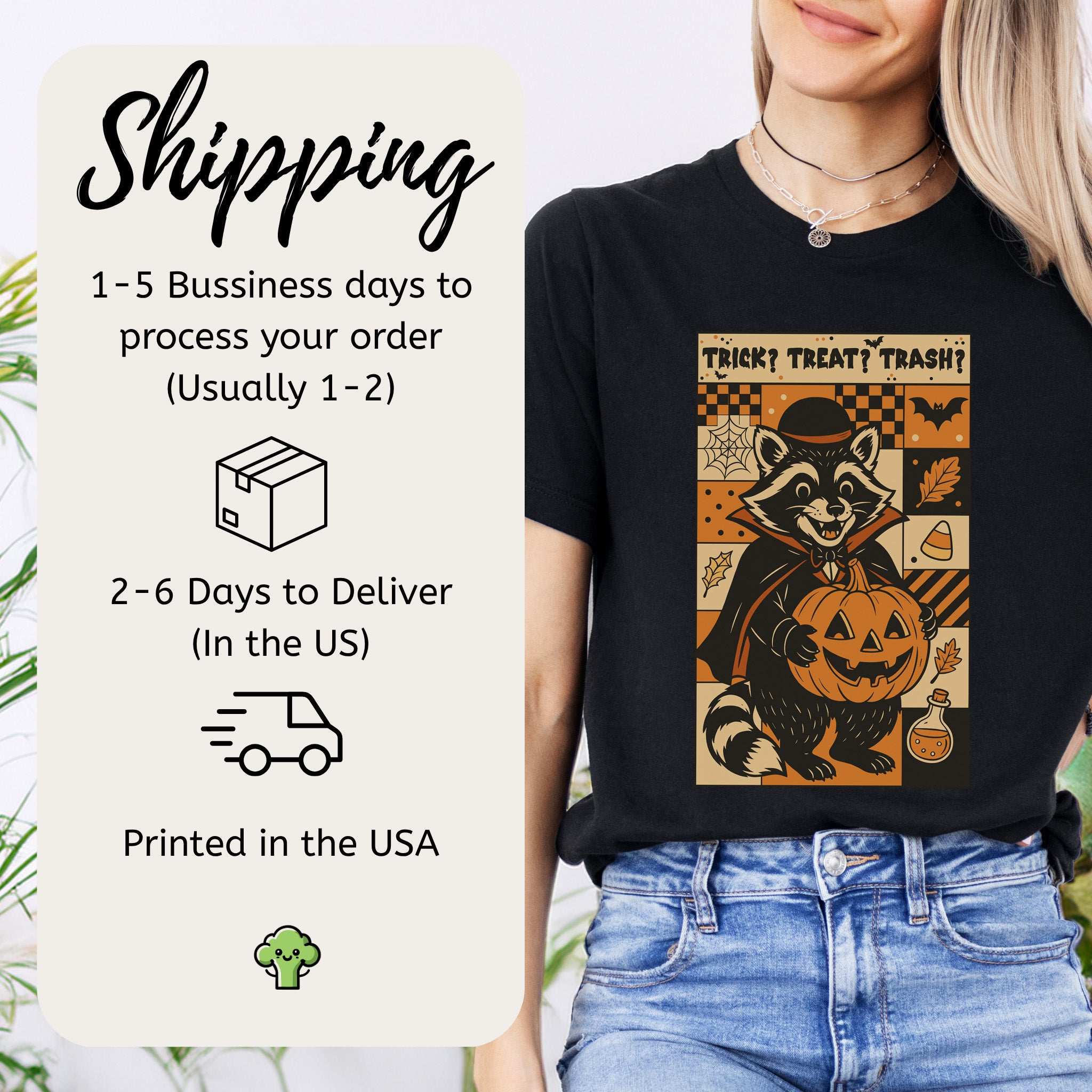Dracula Raccoon Halloween T-shirt featuring a vintage cartoon raccoon holding a pumpkin, perfect for spooky season.