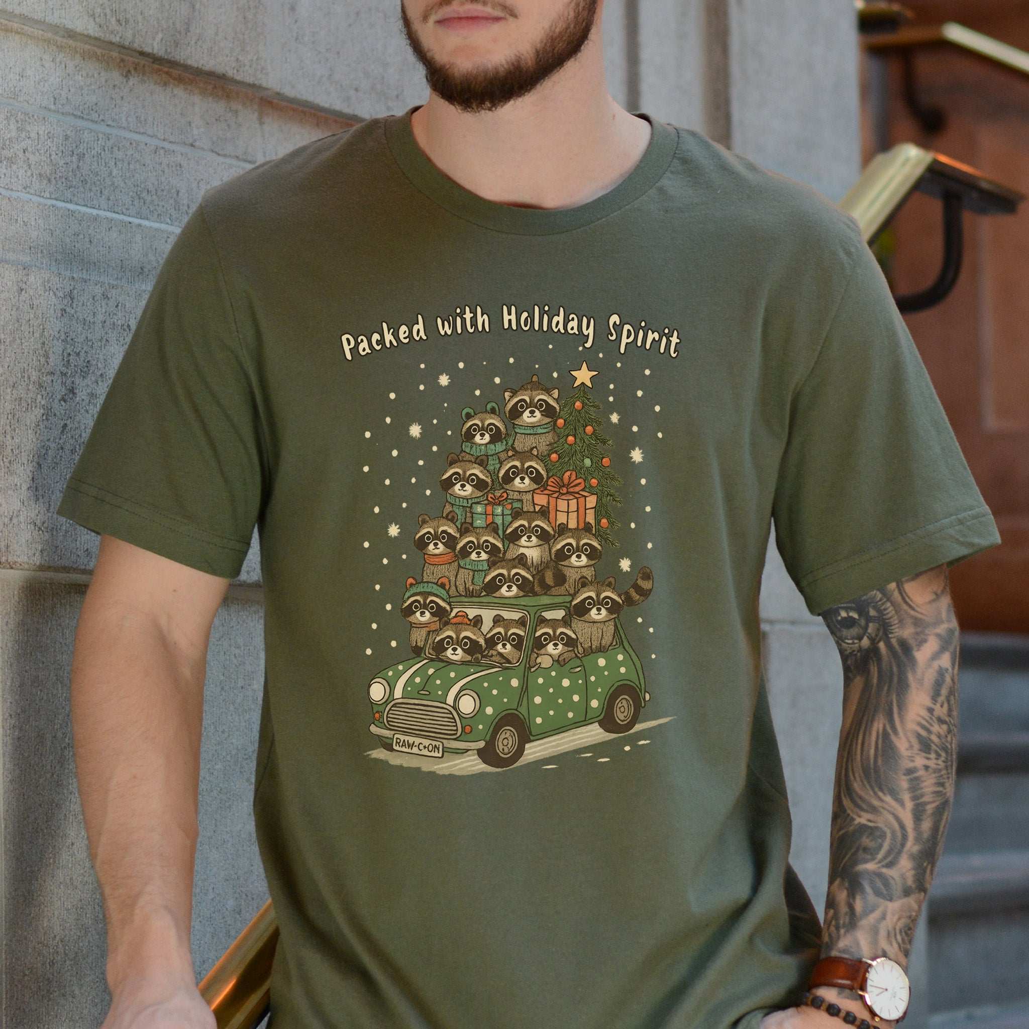 Packed with Holiday Spirit Raccoon T-Shirt – Funny Christmas Car Chaos Tee