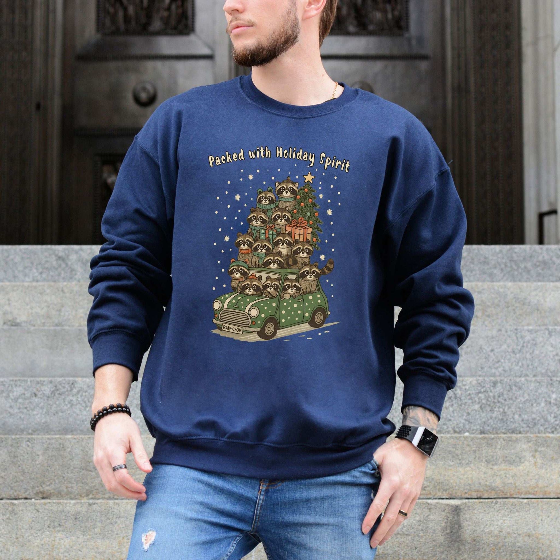 Packed with Holiday Spirit Raccoon Sweatshirt – Funny Christmas Car Chaos