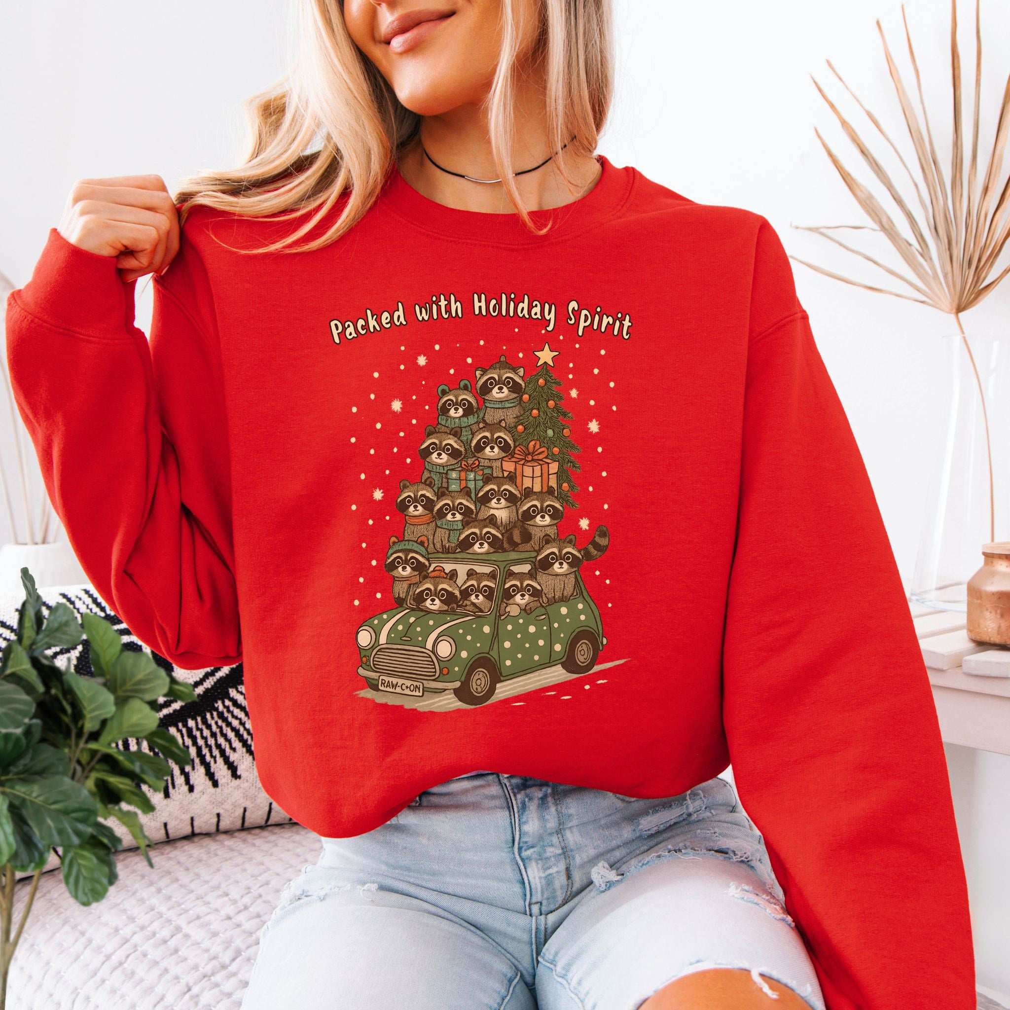 Packed with Holiday Spirit Raccoon Sweatshirt – Funny Christmas Car Chaos