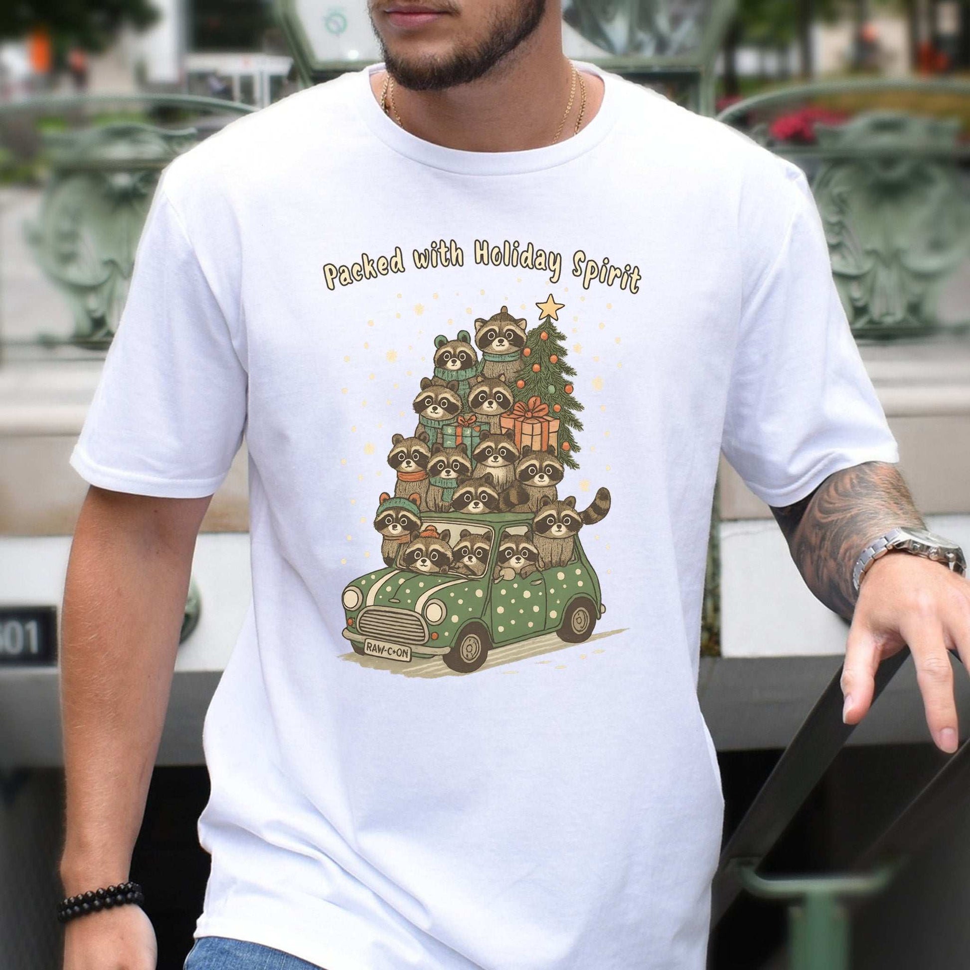 Packed with Holiday Spirit Raccoon T-Shirt – Funny Christmas Car Chaos Tee