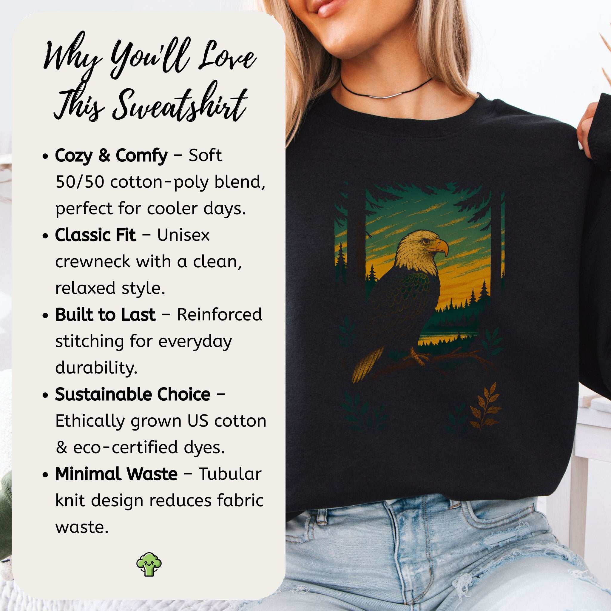 Eagle Spirit Animal Sweatshirt – Sunset Forest Majesty featuring an eagle illustration on a cozy black sweatshirt.