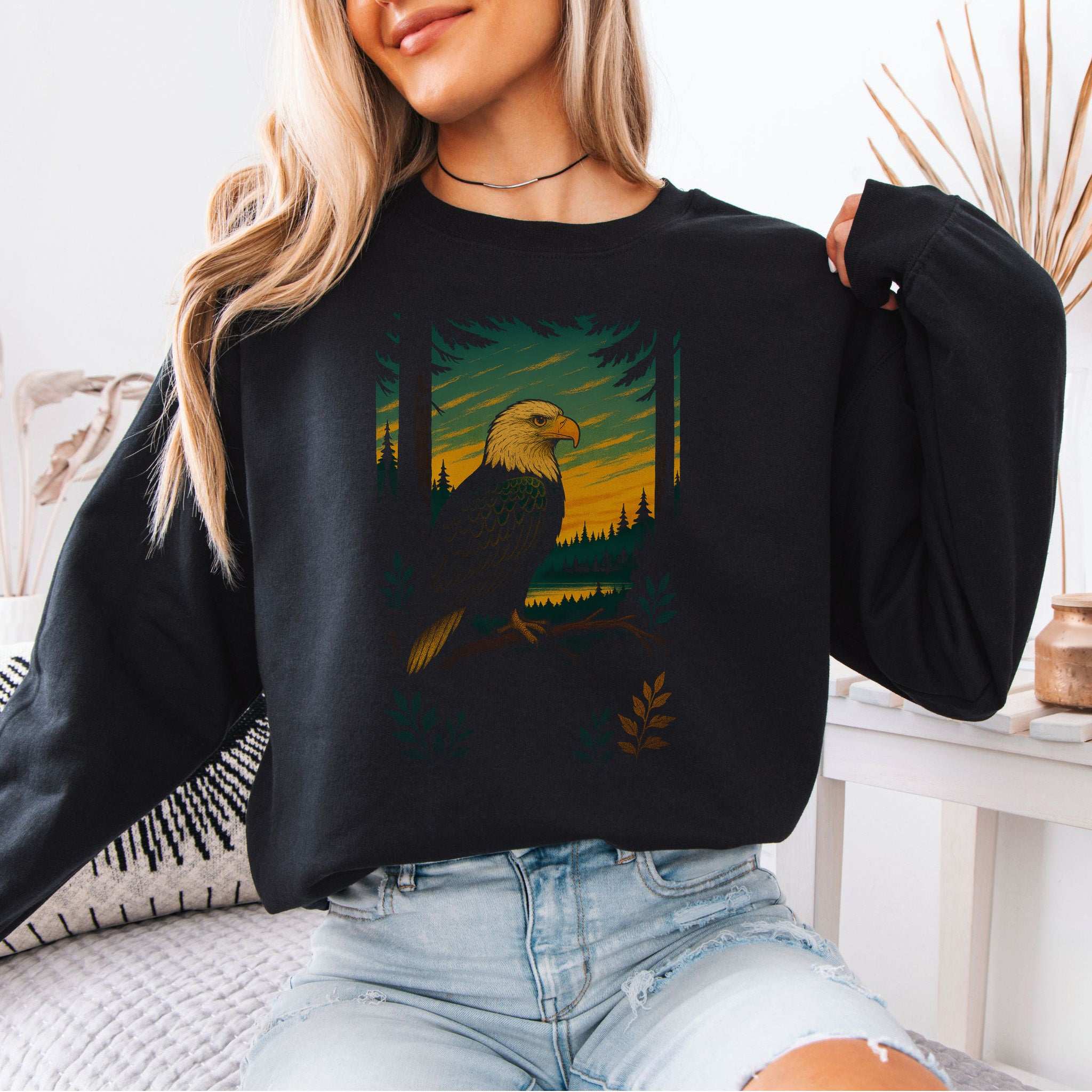 Eagle Spirit Animal Sweatshirt – Sunset Forest Majesty featuring a majestic eagle design, perfect for nature lovers.