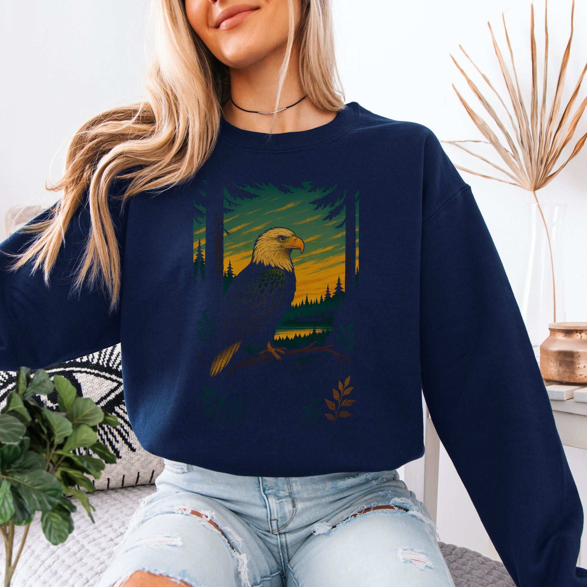 Eagle Spirit Animal Sweatshirt – Sunset Forest Majesty featuring an eagle design and forest backdrop.