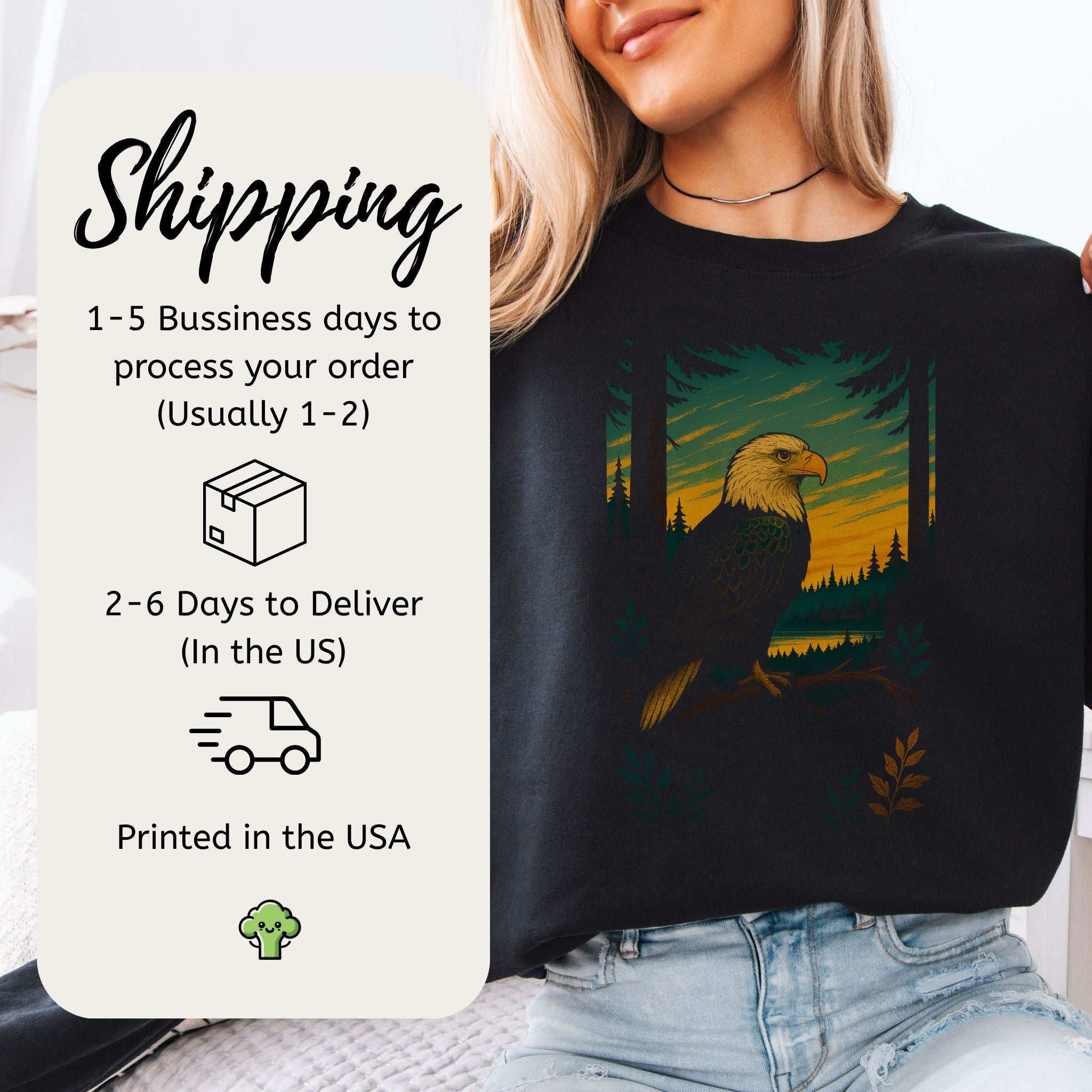Eagle Spirit Animal Sweatshirt – Sunset Forest Majesty displayed with shipping info and model smiling