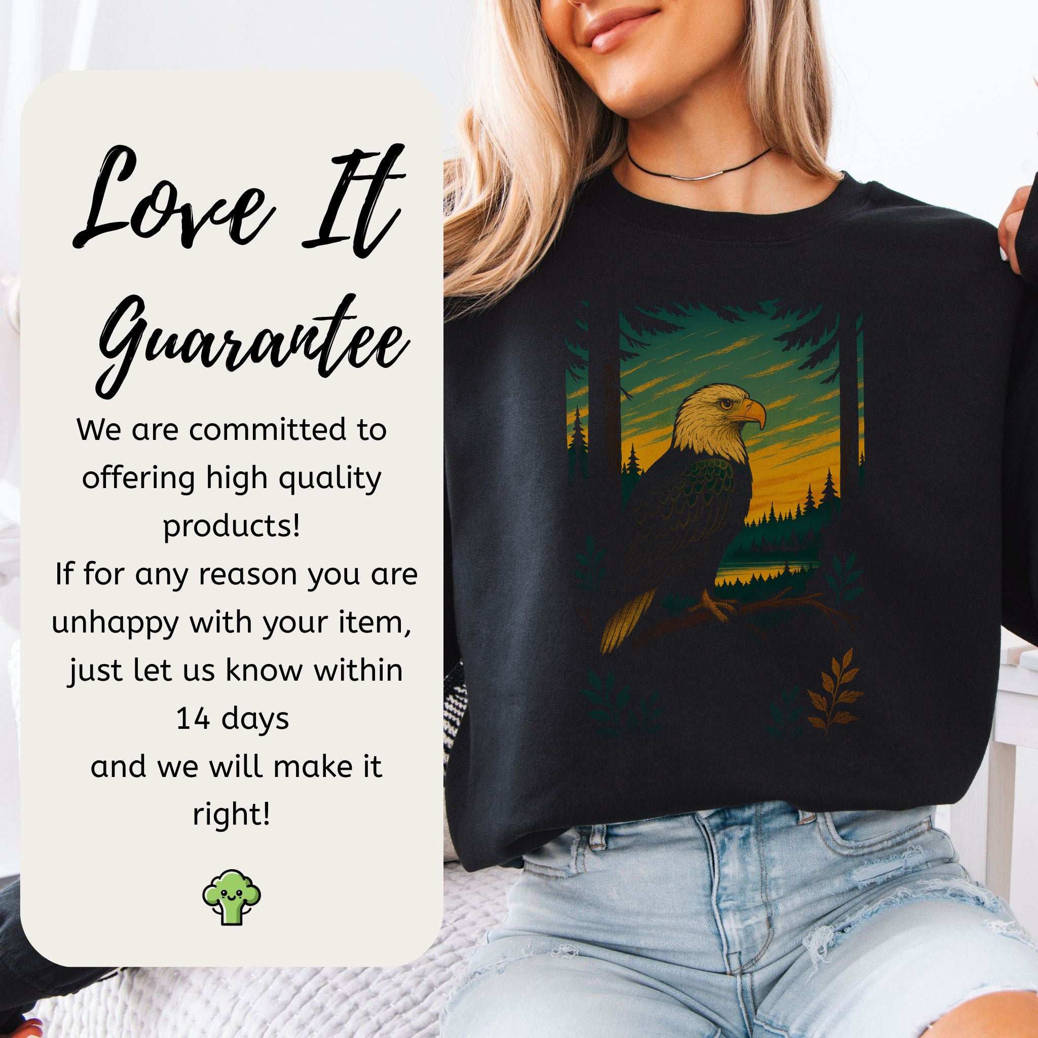 Eagle Spirit Animal Sweatshirt – Sunset Forest Majesty displayed with guarantee message on quality and customer satisfaction.