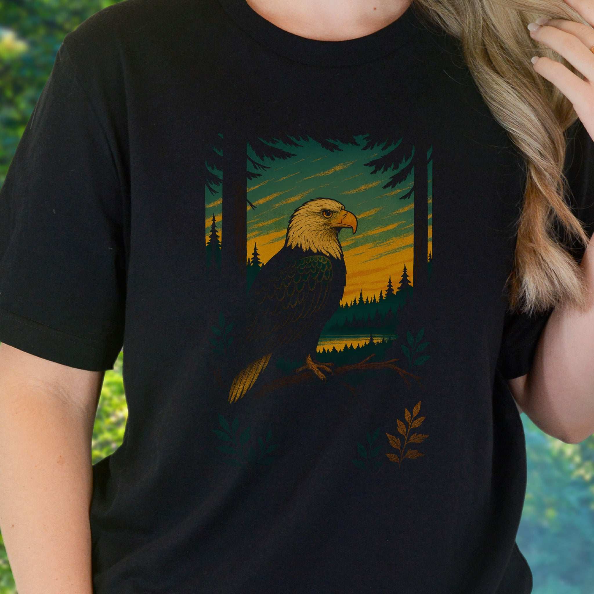 Eagle Spirit Animal T-Shirt – Sunset Forest Majesty featuring an eagle perched in a serene forest at twilight.