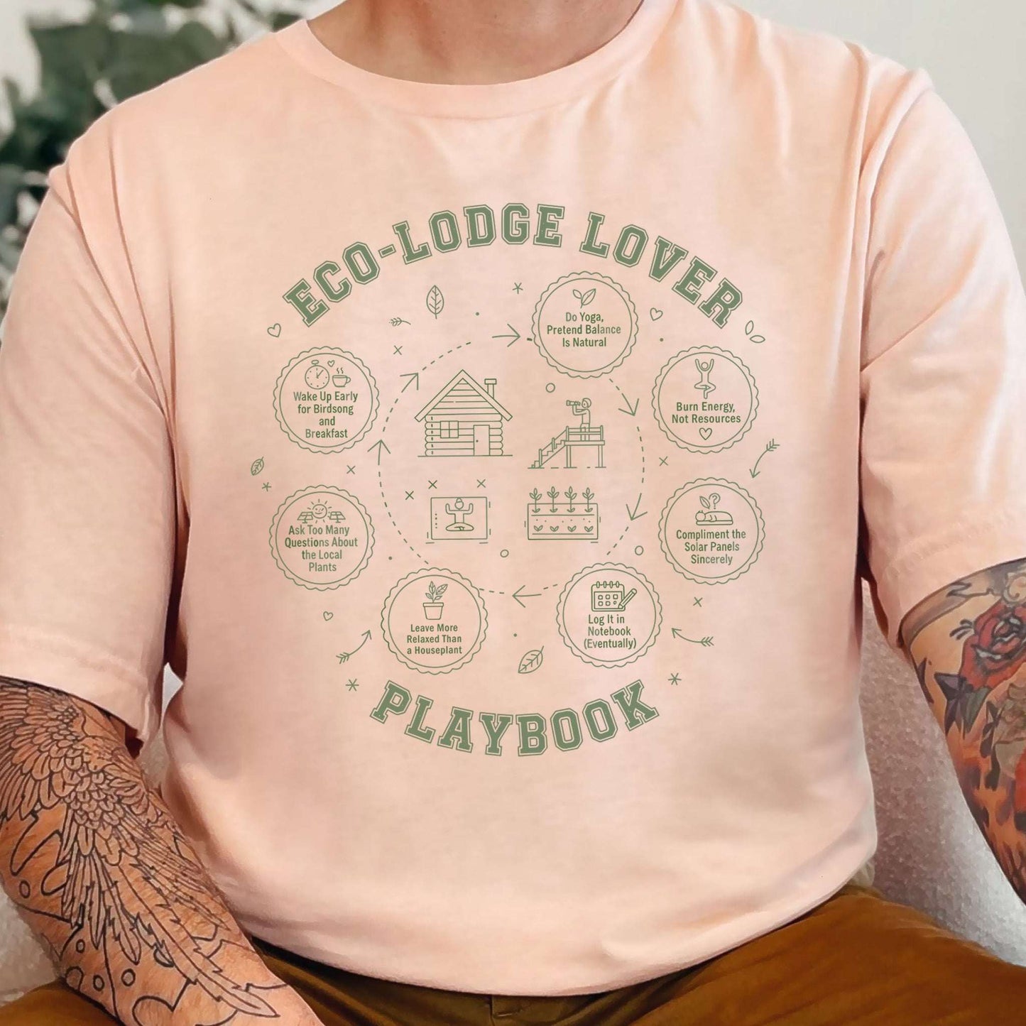 Eco-Lodge Lover Playbook T-Shirt – Funny Eco Traveler Nature Humor Tee
