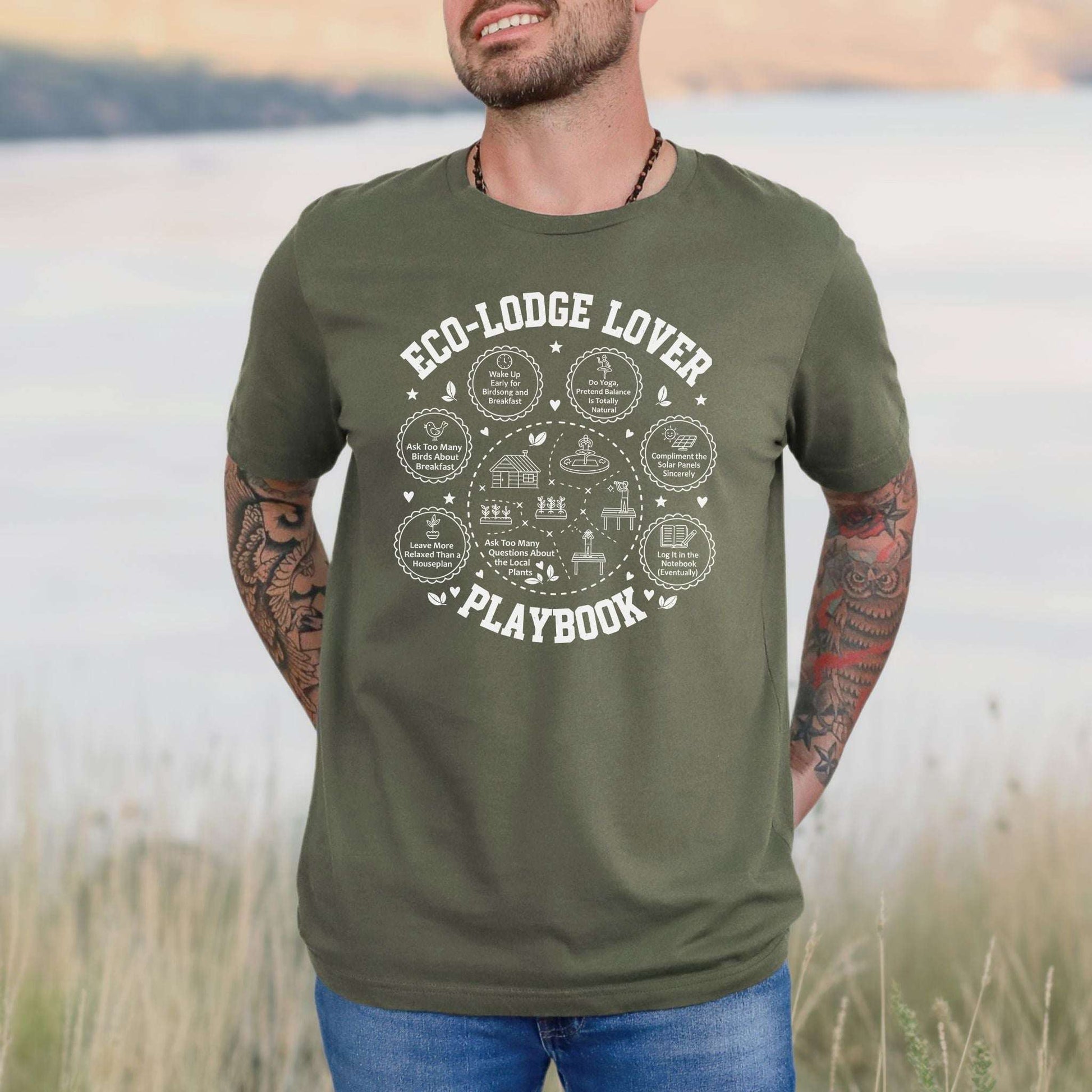 Eco-Lodge Lover Playbook T-Shirt – Funny Eco Traveler Nature Humor Tee