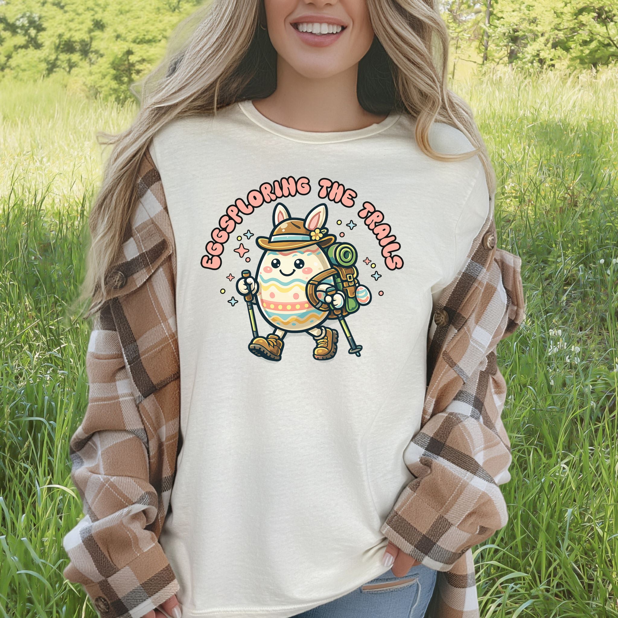 Eggsploring the Trails T-Shirt Funny Easter Hiking Egg Adventure Gift