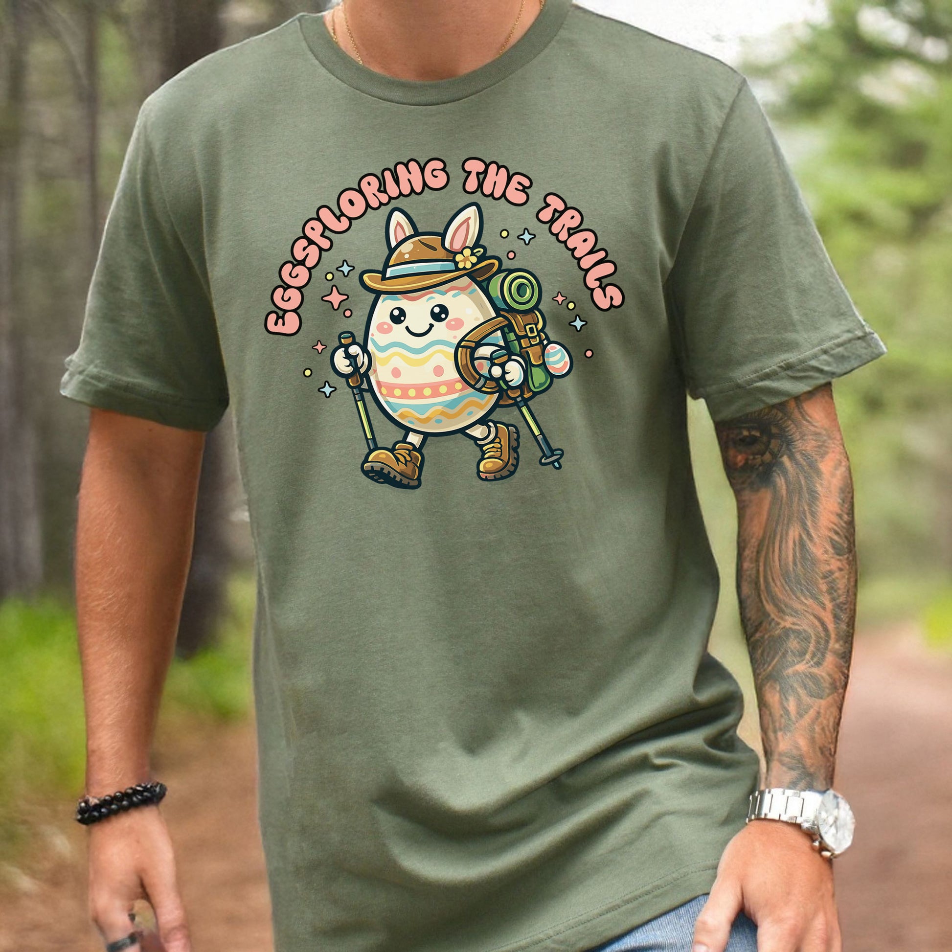 Eggsploring the Trails T-Shirt Funny Easter Hiking Egg Adventure Gift