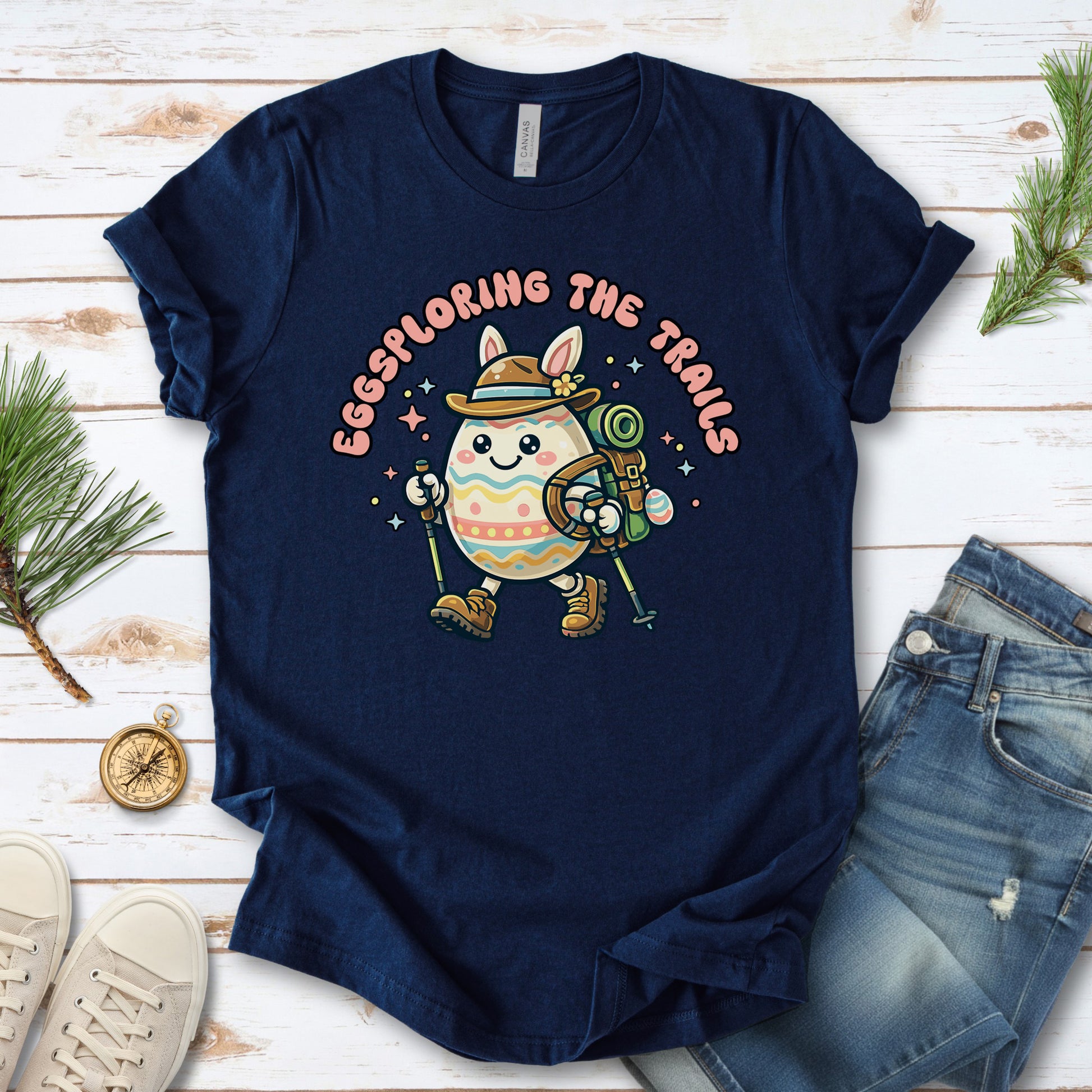 Eggsploring the Trails T-Shirt Funny Easter Hiking Egg Adventure Gift