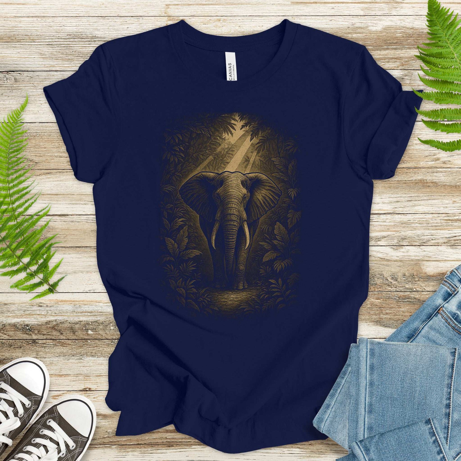 Elephant Spirit Animal T-Shirt – Jungle Majesty & Safari Soul featuring a majestic elephant surrounded by jungle leaves.