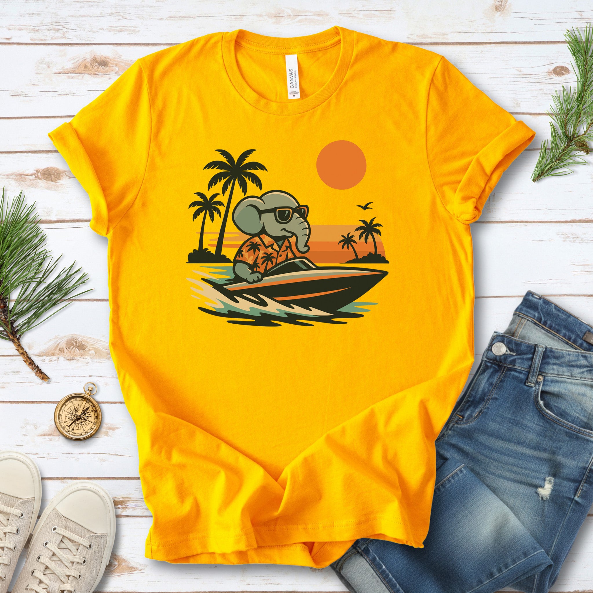 Elephant Speedboat Sunset T-Shirt – Funny Retro Vacation Tee