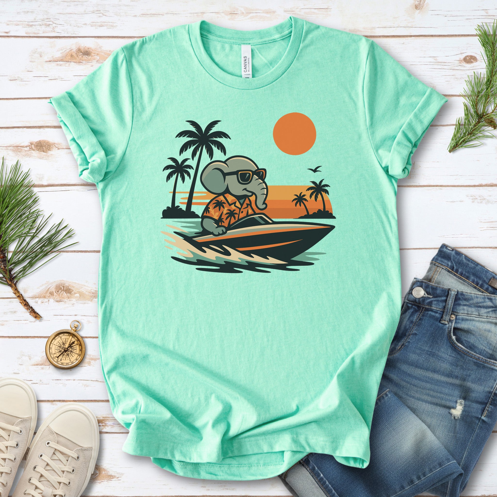 Elephant Speedboat Sunset T-Shirt – Funny Retro Vacation Tee