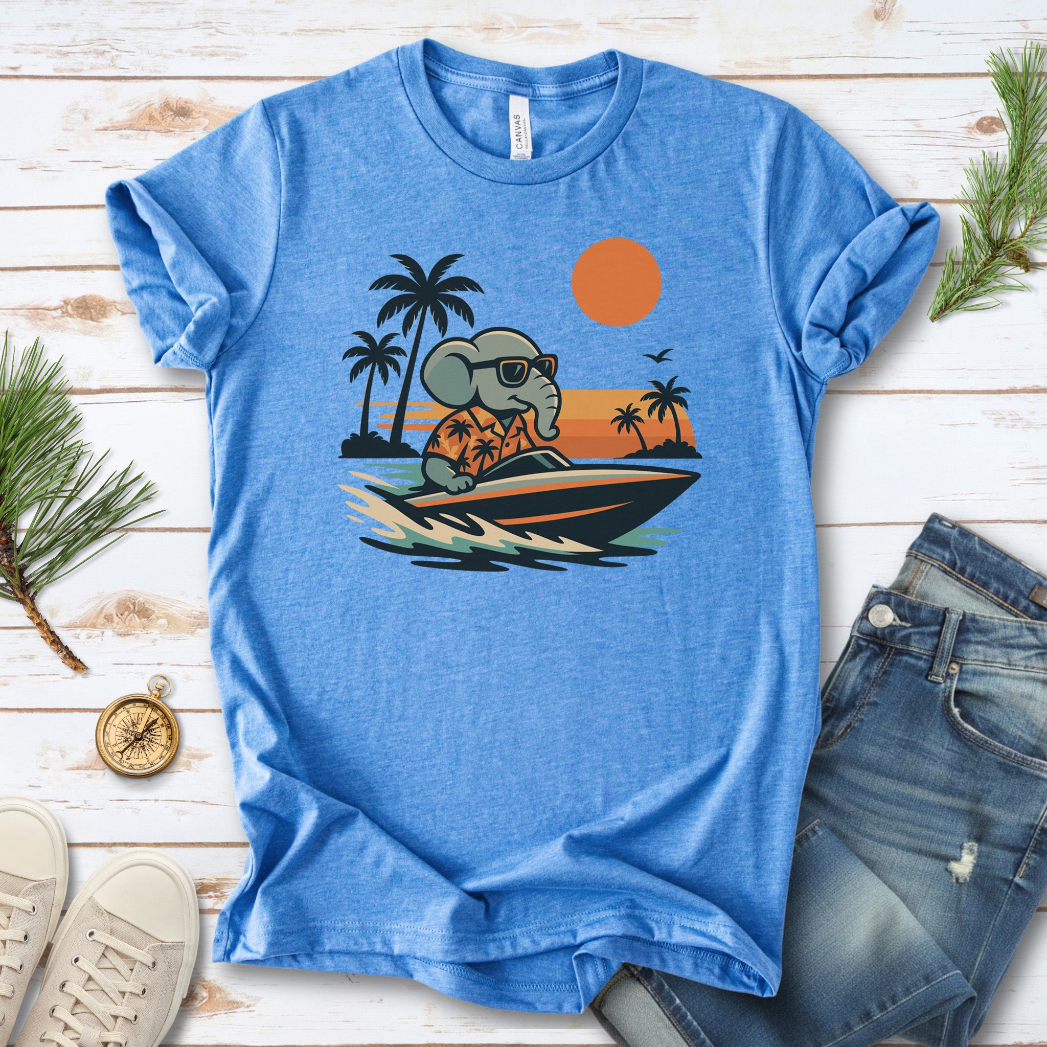 Elephant Speedboat Sunset T-Shirt – Funny Retro Vacation Tee