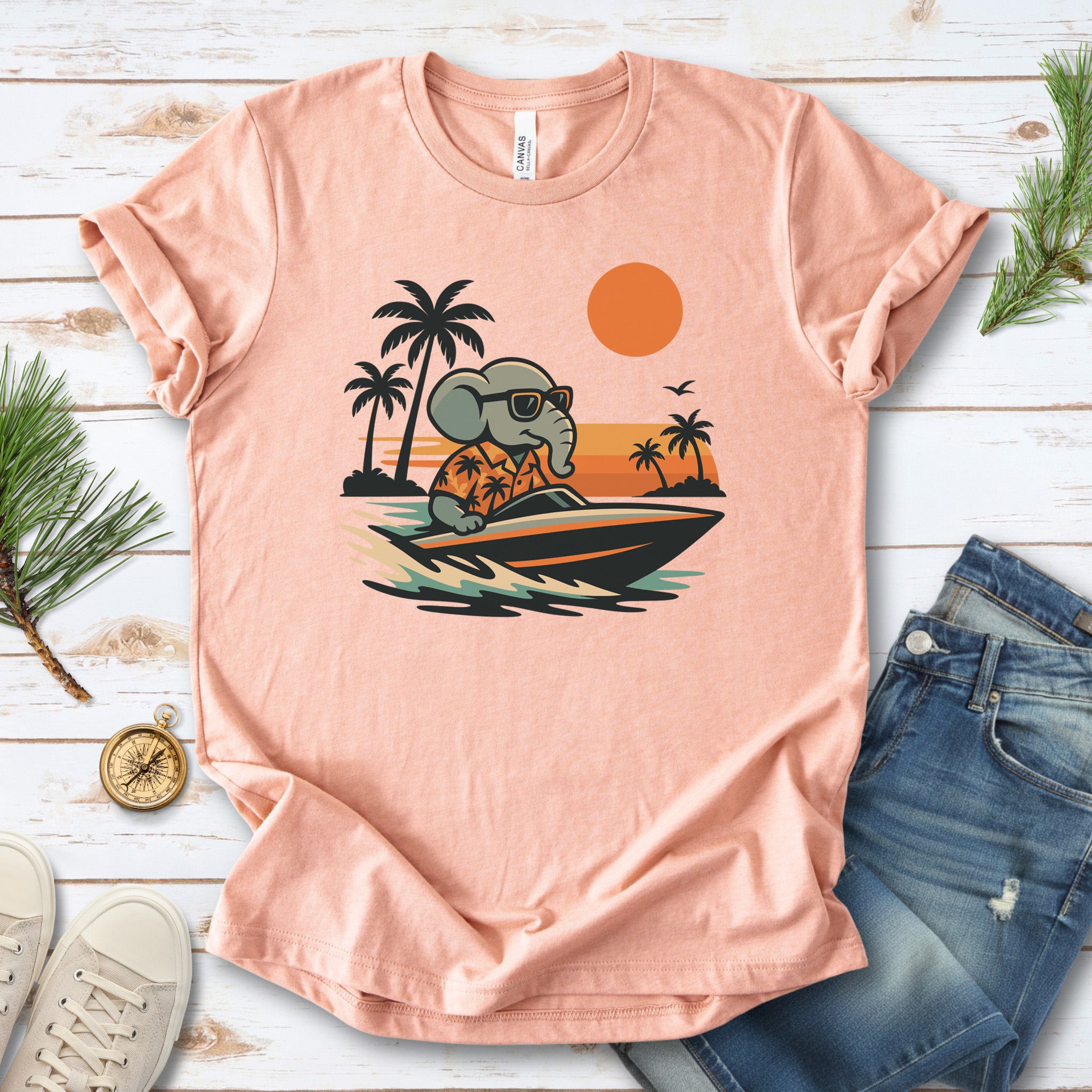 Elephant Speedboat Sunset T-Shirt – Funny Retro Vacation Tee