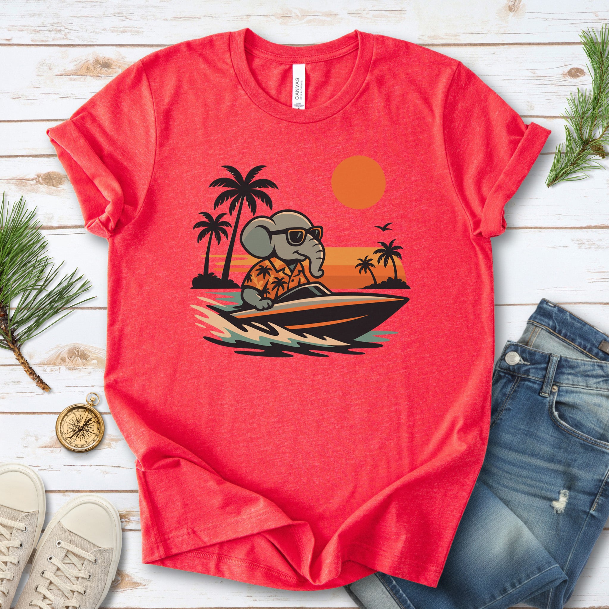 Elephant Speedboat Sunset T-Shirt – Funny Retro Vacation Tee
