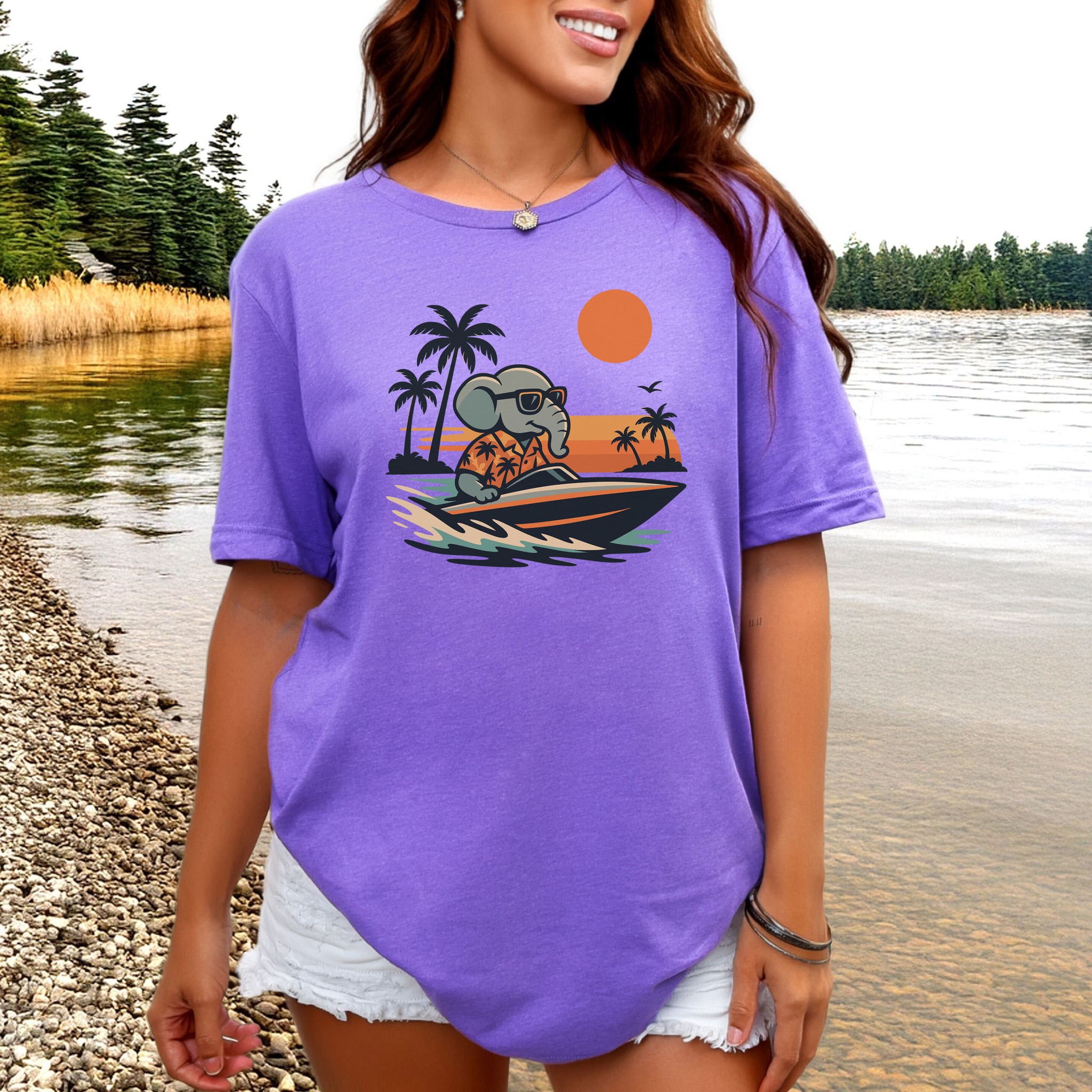 Elephant Speedboat Sunset T-Shirt – Funny Retro Vacation Tee