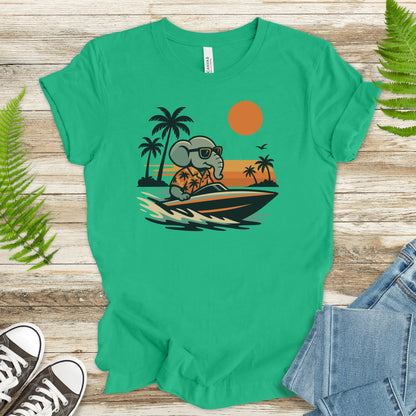 Elephant Speedboat Sunset T-Shirt – Funny Retro Vacation Tee