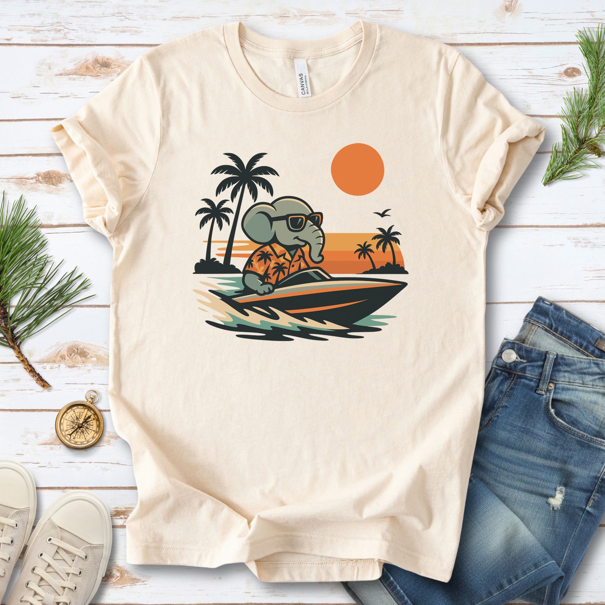 Elephant Speedboat Sunset T-Shirt – Funny Retro Vacation Tee