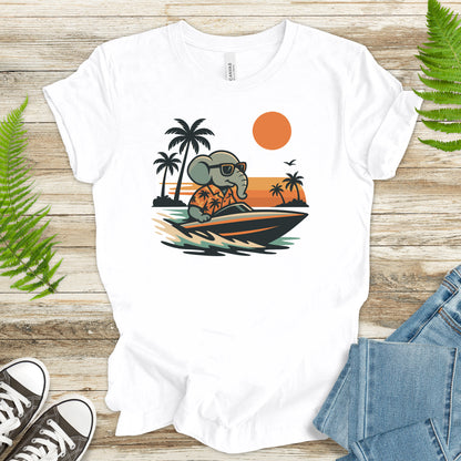 Elephant Speedboat Sunset T-Shirt – Funny Retro Vacation Tee