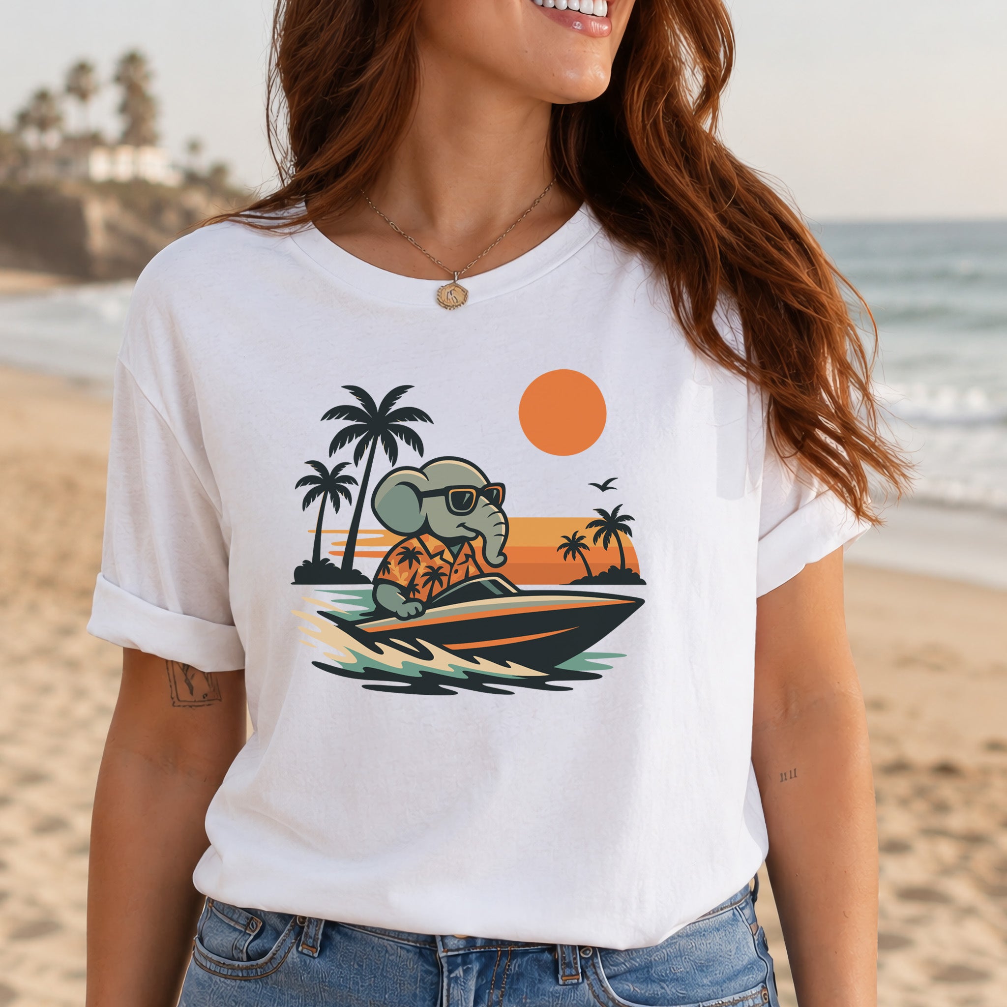 Elephant Speedboat Sunset T-Shirt – Funny Retro Vacation Tee
