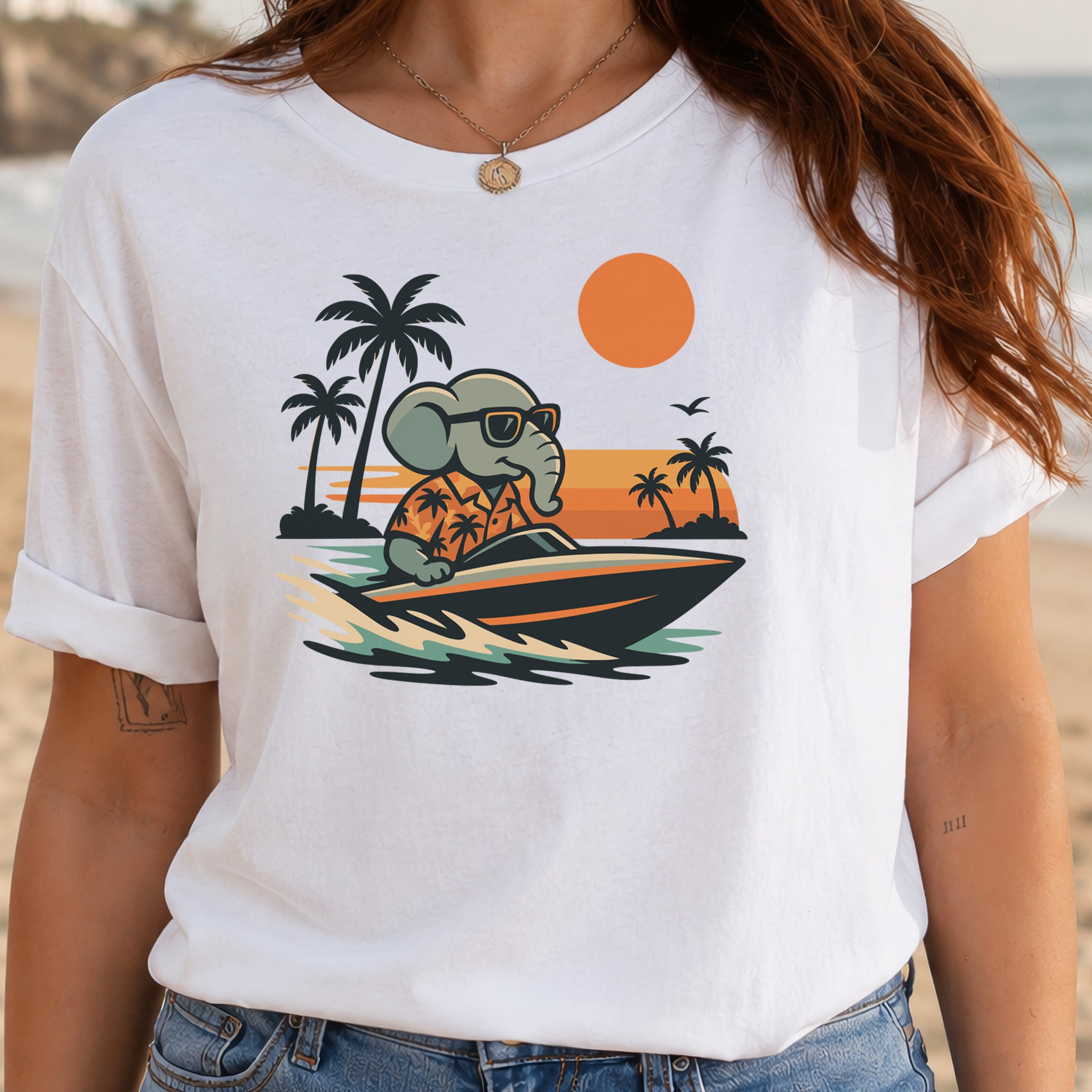Elephant Speedboat Sunset T-Shirt – Funny Retro Vacation Tee