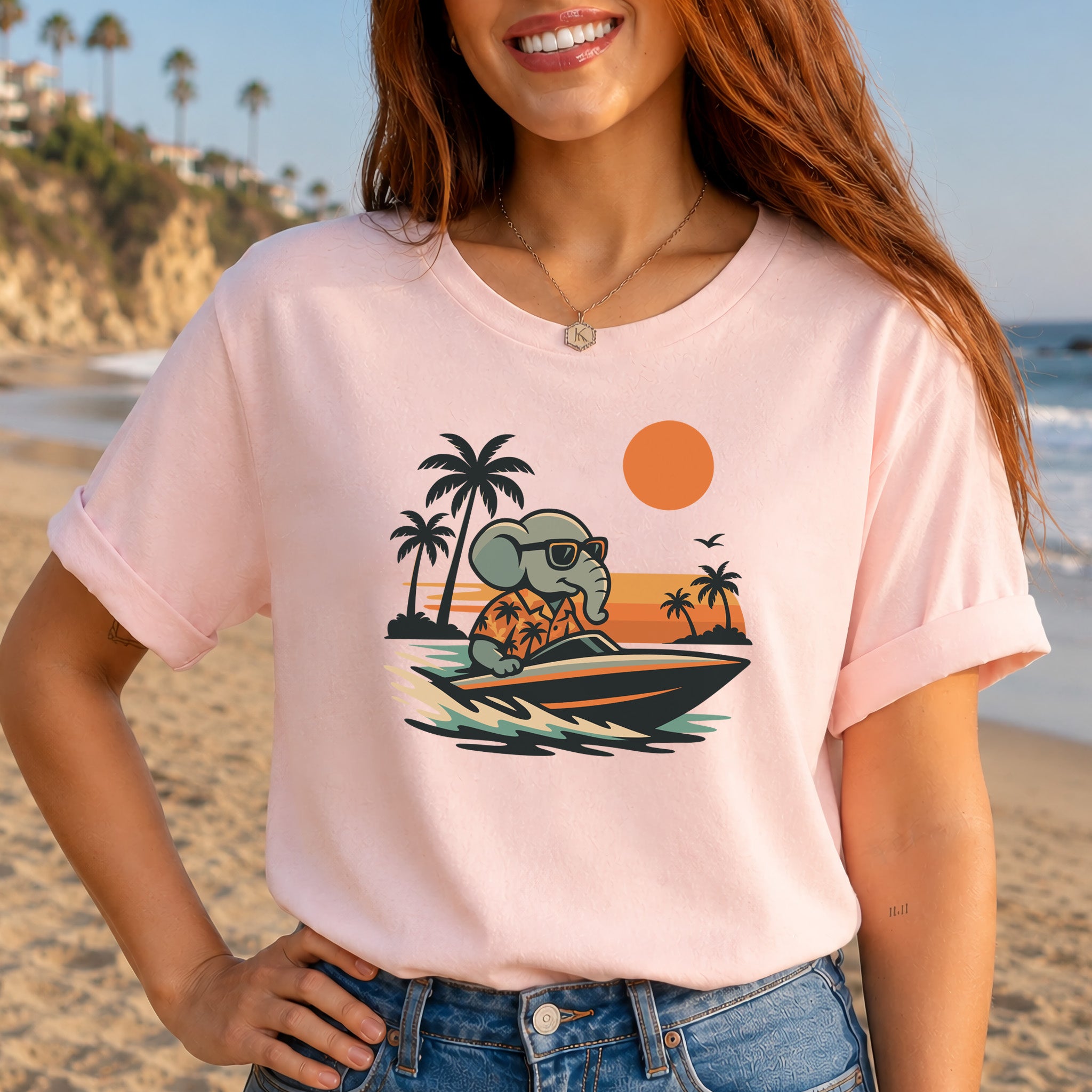 Elephant Speedboat Sunset T-Shirt – Funny Retro Vacation Tee