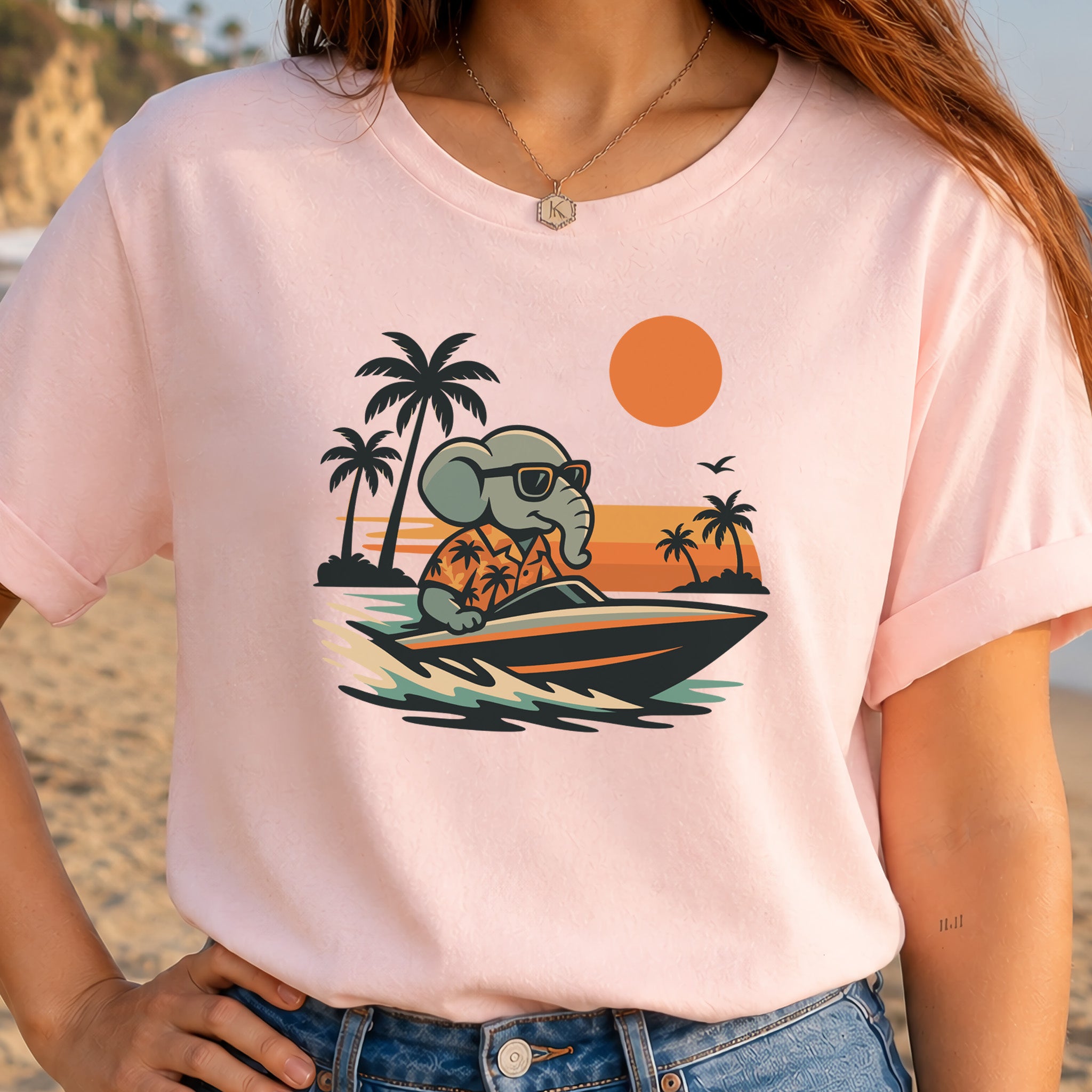 Elephant Speedboat Sunset T-Shirt – Funny Retro Vacation Tee