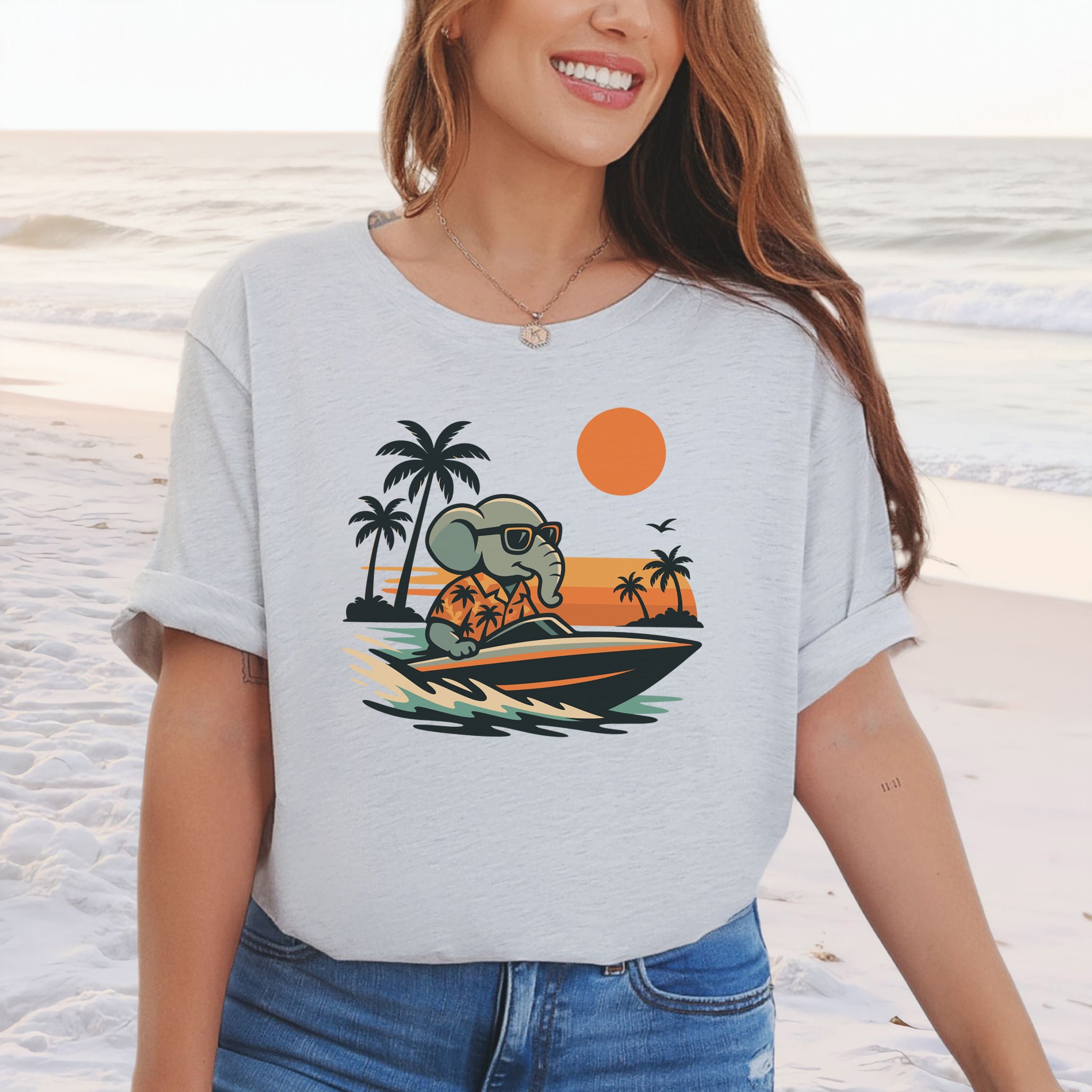 Elephant Speedboat Sunset T-Shirt – Funny Retro Vacation Tee