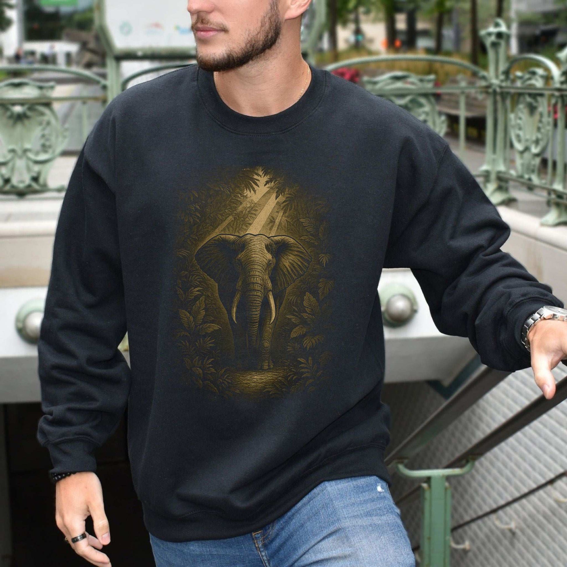 Elephant Spirit Animal Sweatshirt – Jungle Majesty & Safari Soul worn by a model, featuring an elephant design.