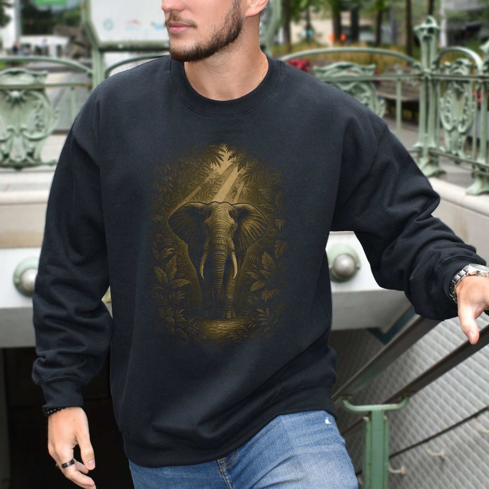 Elephant Spirit Animal Sweatshirt – Jungle Majesty & Safari Soul worn by a model, featuring an elephant design.