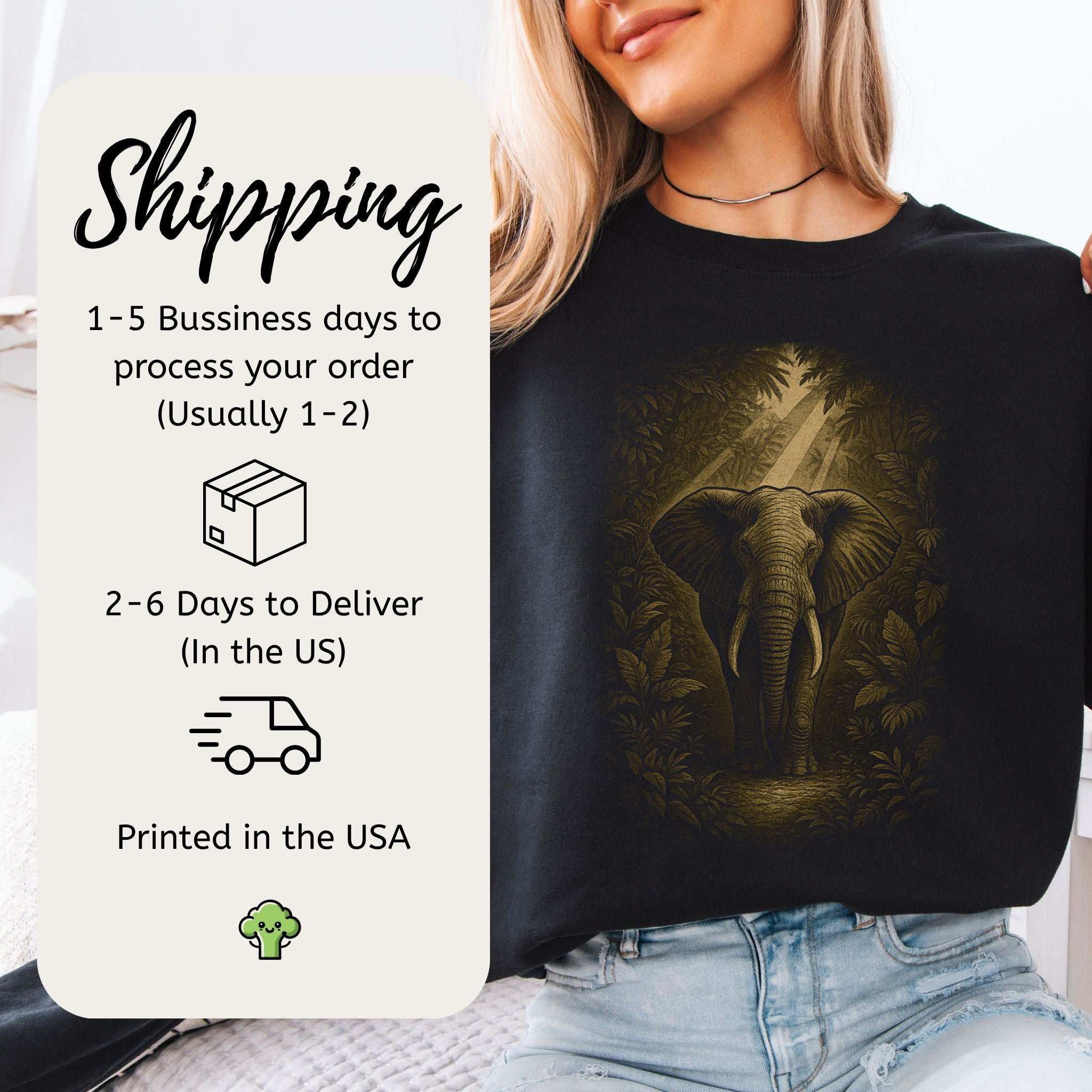 Woman wearing an Elephant Spirit Animal Sweatshirt – Jungle Majesty & Safari Soul with shipping details.