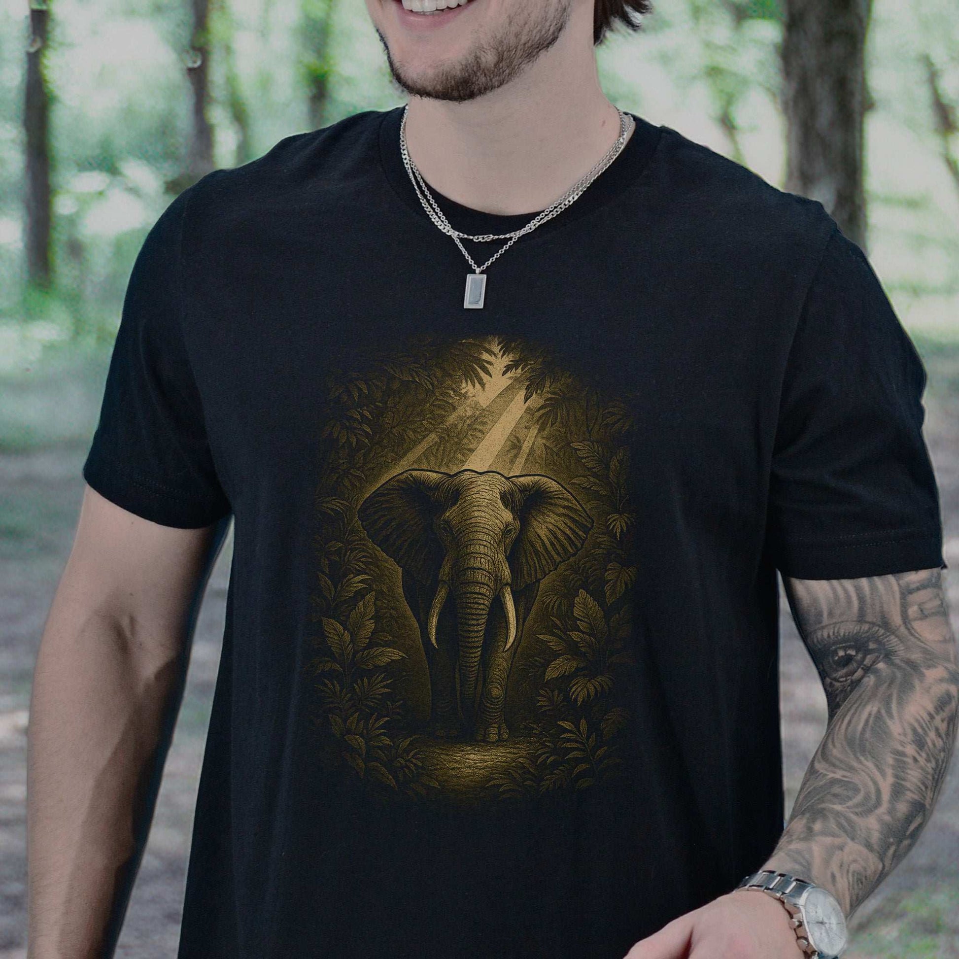 Elephant Spirit Animal T-Shirt – Jungle Majesty & Safari Soul worn by a man outdoors in nature.