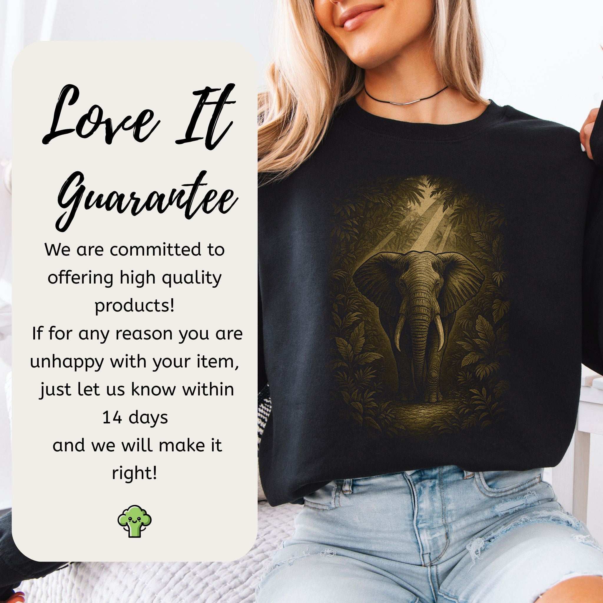 Elephant Spirit Animal Sweatshirt – Jungle Majesty & Safari Soul shown on model with a guarantee message.