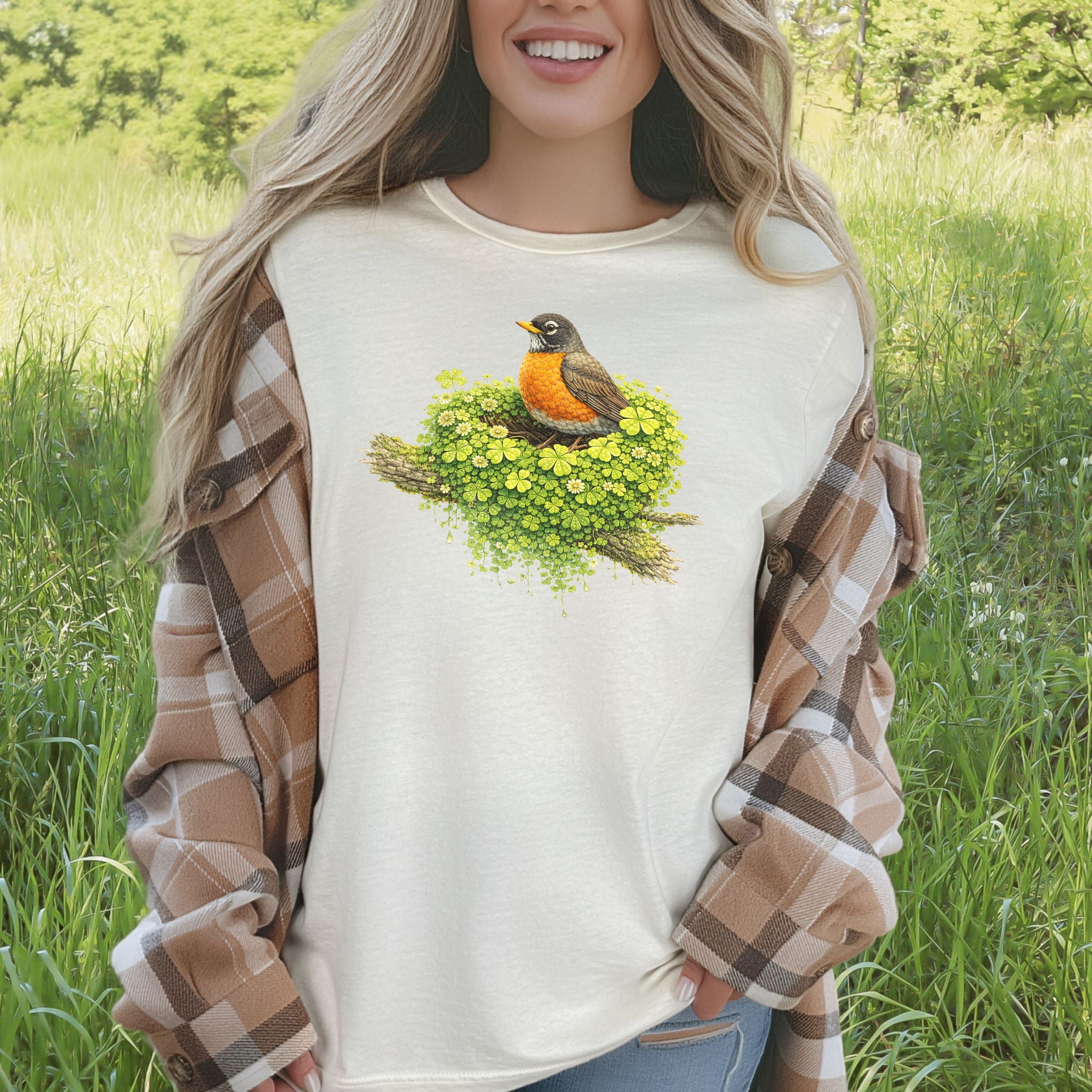 Emerald Robin T-Shirt – Clover Nest Bird Lover Tee for St. Patrick’s Day