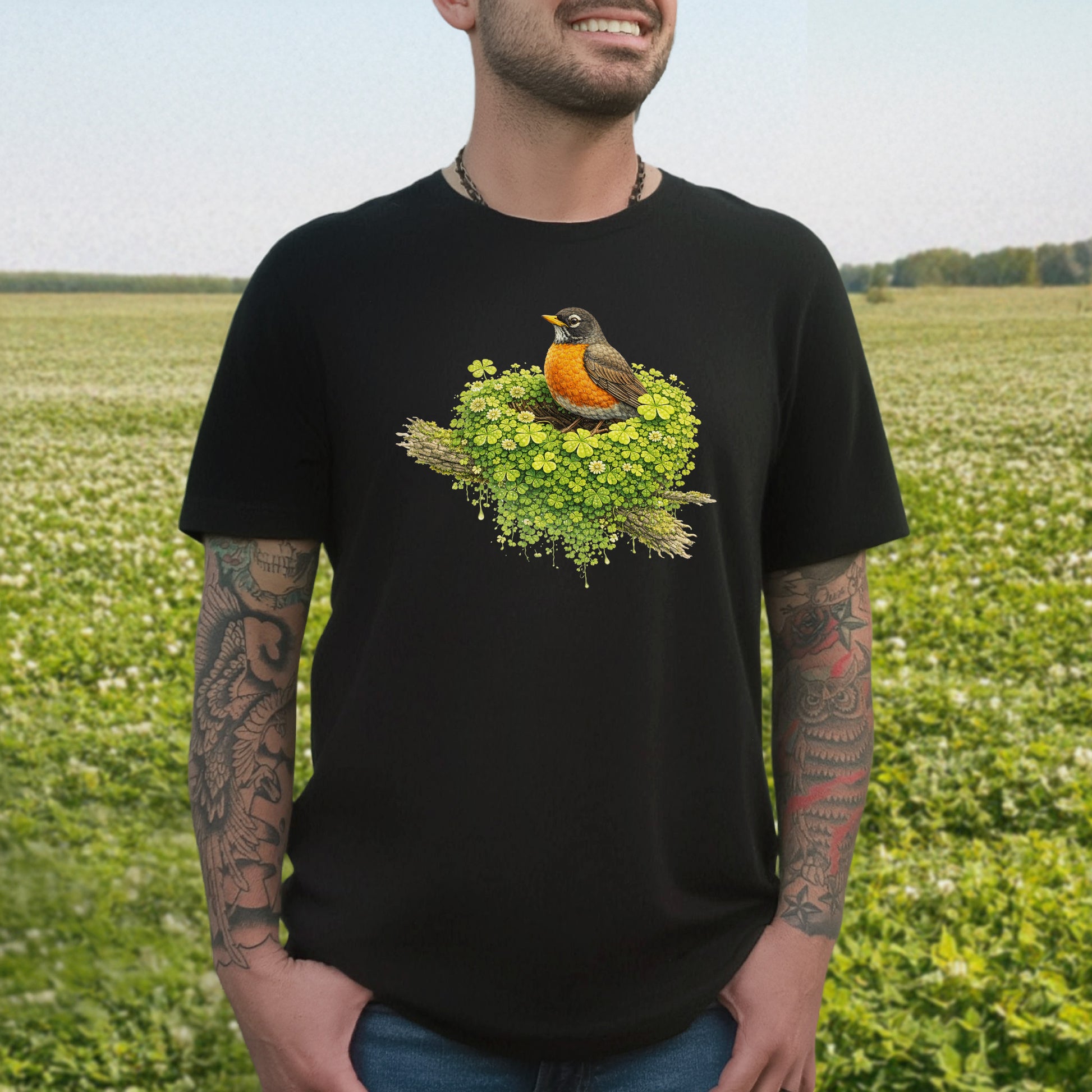 Emerald Robin T-Shirt – Clover Nest Bird Lover Tee for St. Patrick’s Day