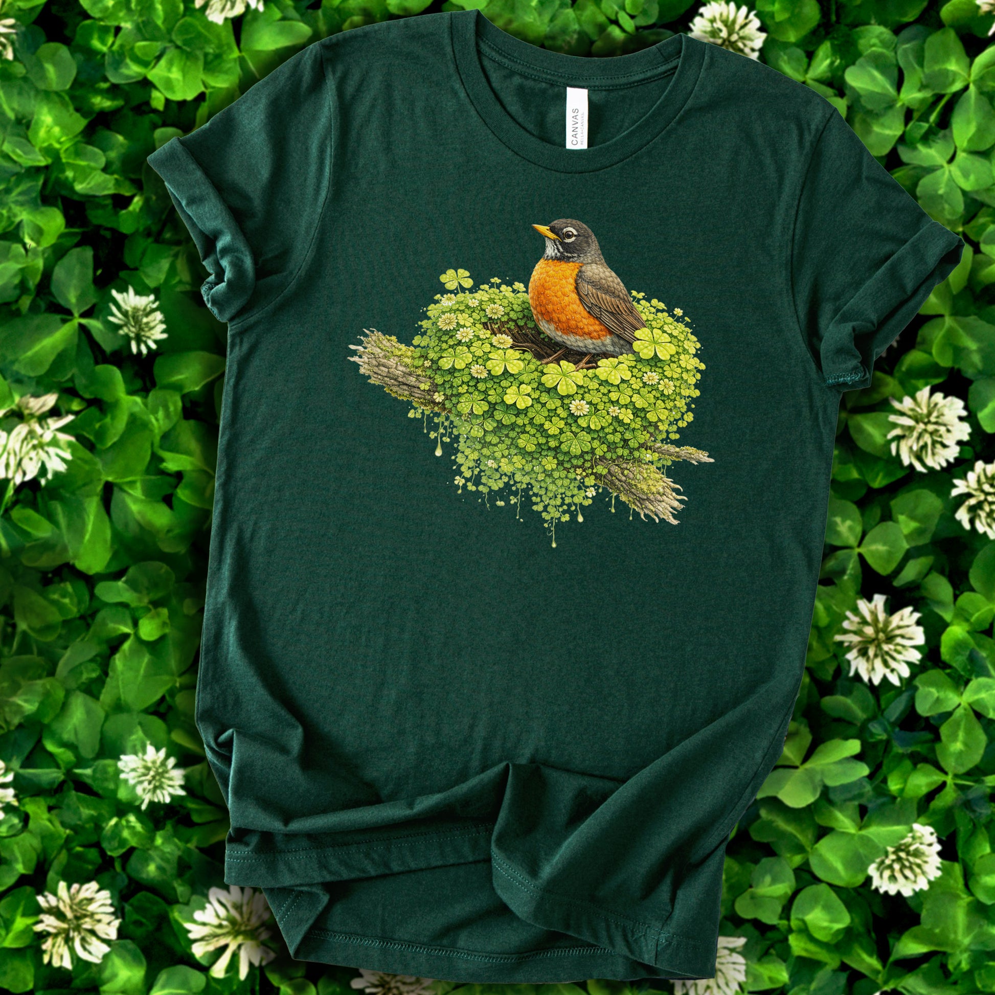 Emerald Robin T-Shirt – Clover Nest Bird Lover Tee for St. Patrick’s Day