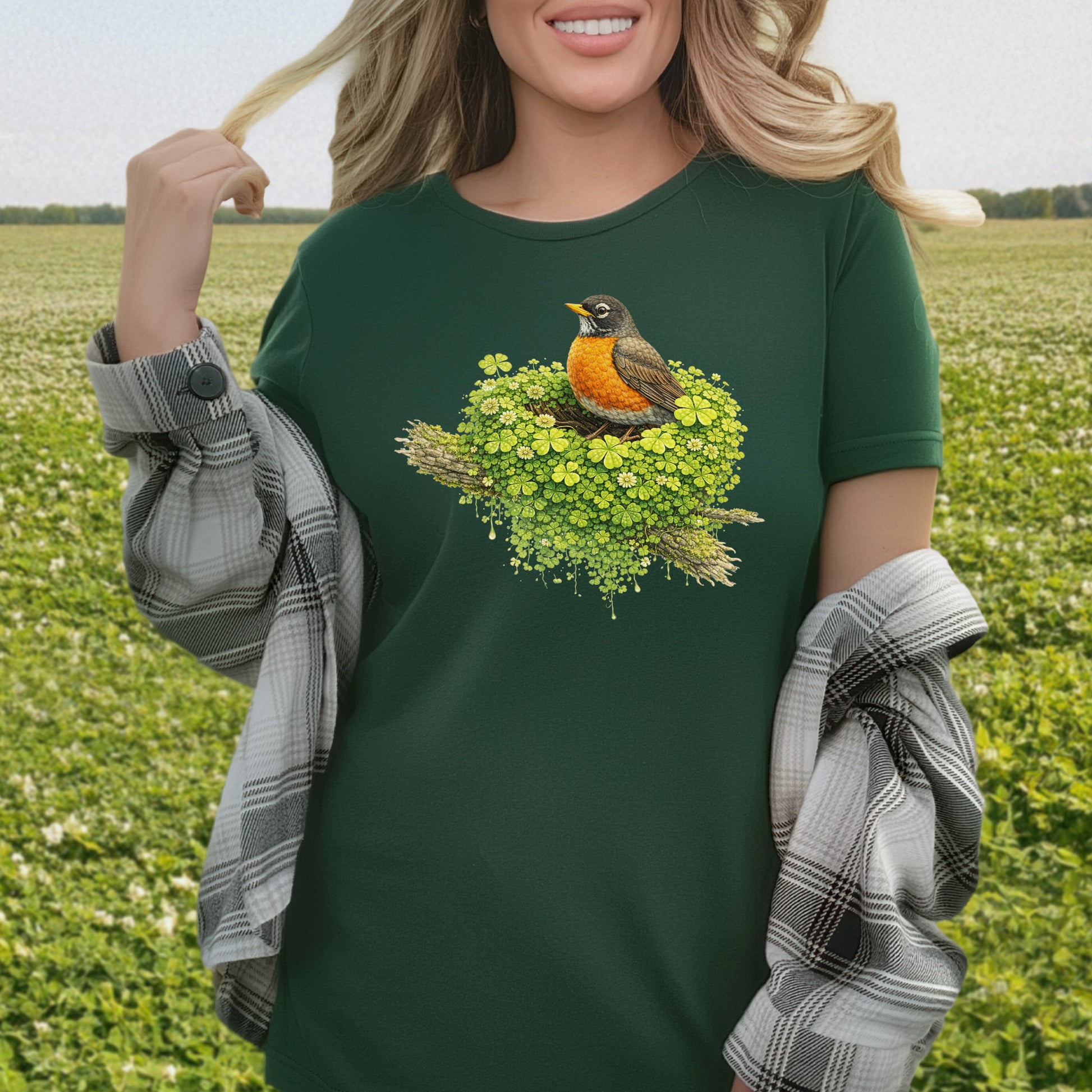 Emerald Robin T-Shirt – Clover Nest Bird Lover Tee for St. Patrick’s Day