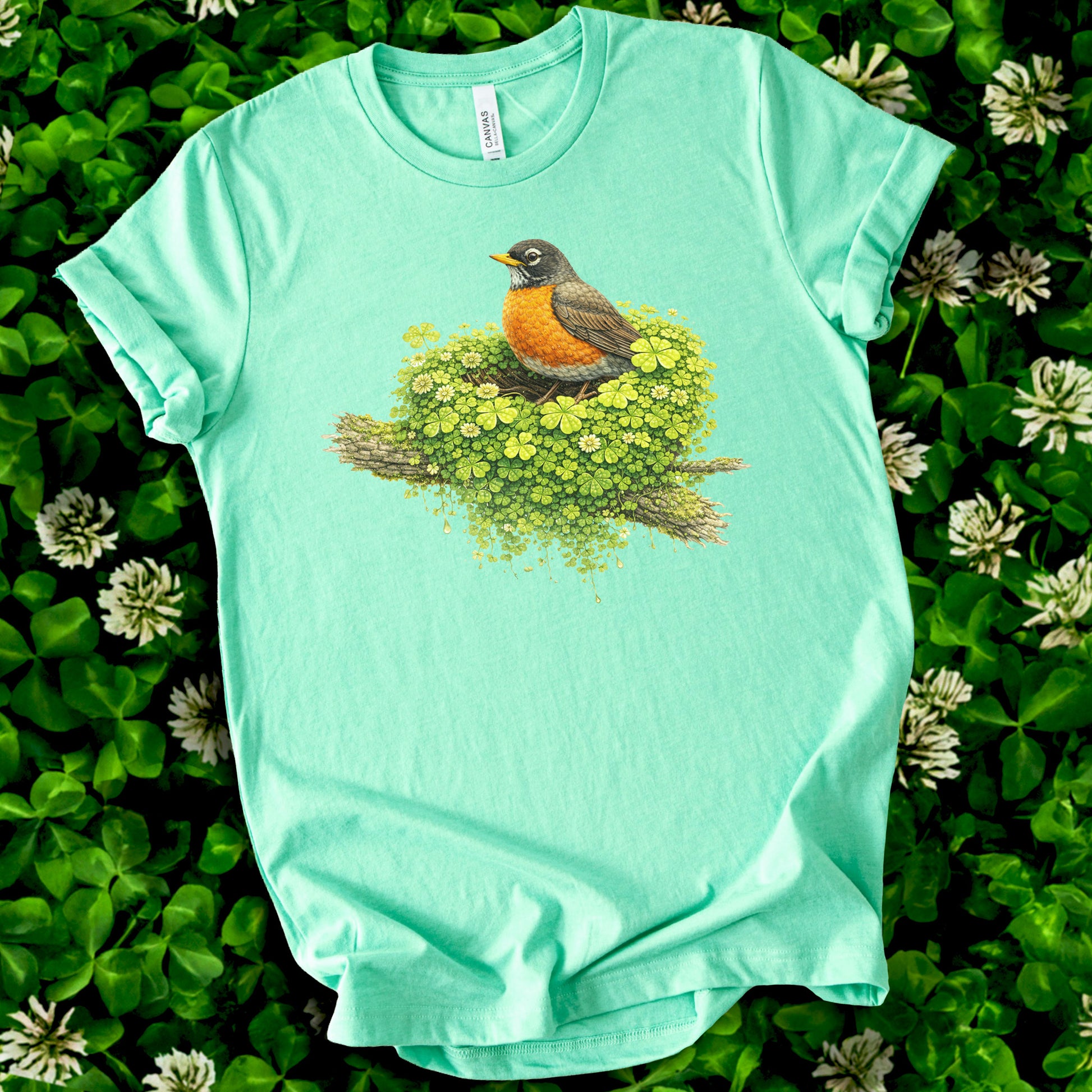 Emerald Robin T-Shirt – Clover Nest Bird Lover Tee for St. Patrick’s Day