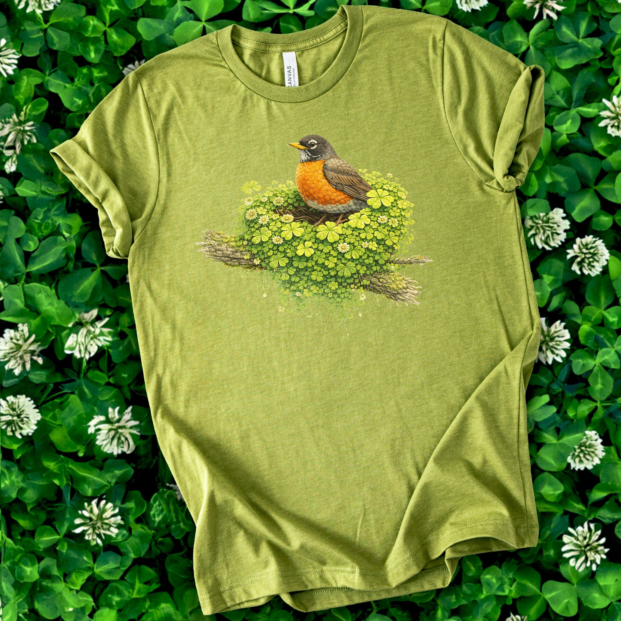 Emerald Robin T-Shirt – Clover Nest Bird Lover Tee for St. Patrick’s Day