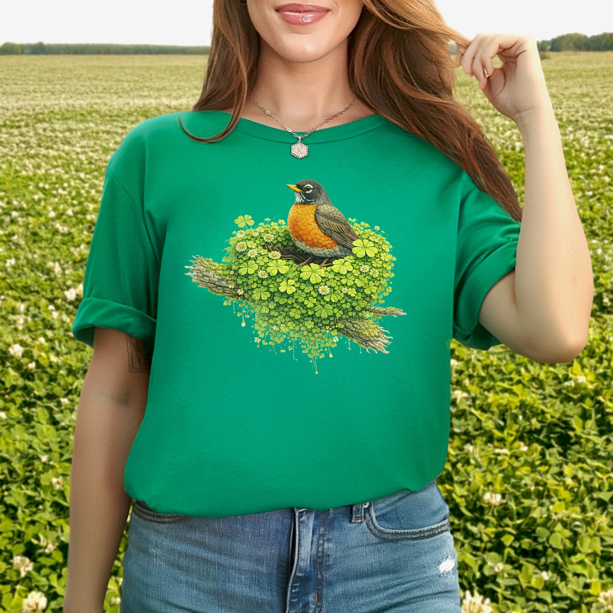 Emerald Robin T-Shirt – Clover Nest Bird Lover Tee for St. Patrick’s Day