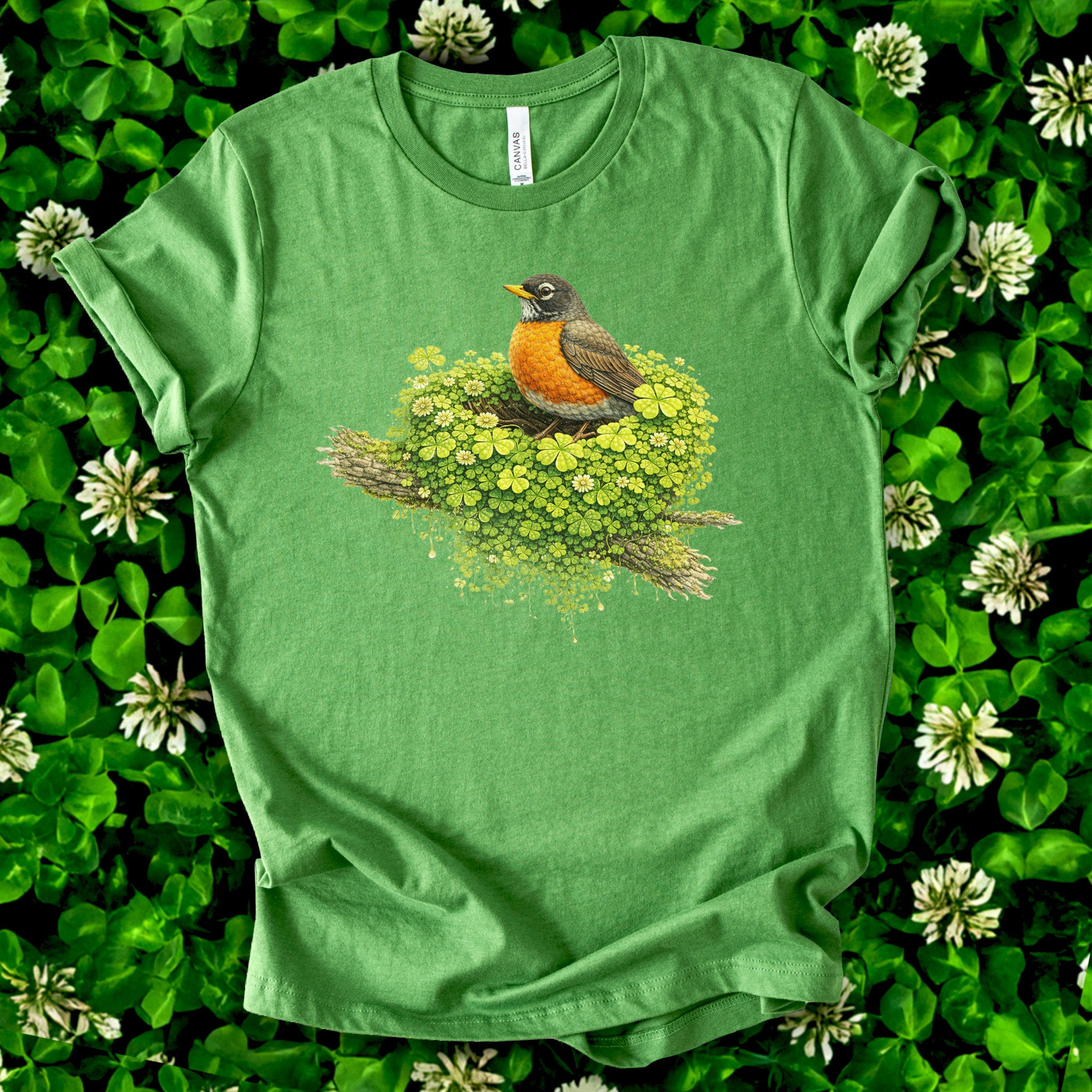 Emerald Robin T-Shirt – Clover Nest Bird Lover Tee for St. Patrick’s Day
