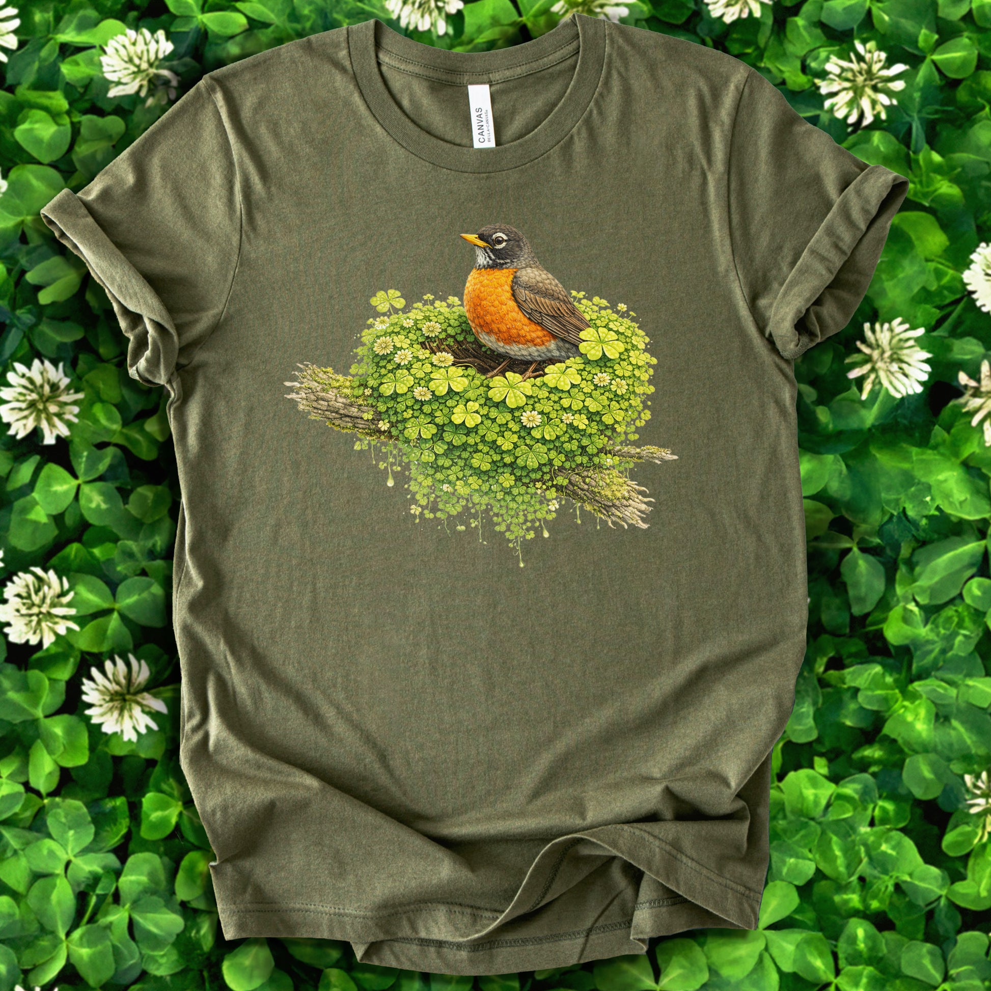 Emerald Robin T-Shirt – Clover Nest Bird Lover Tee for St. Patrick’s Day
