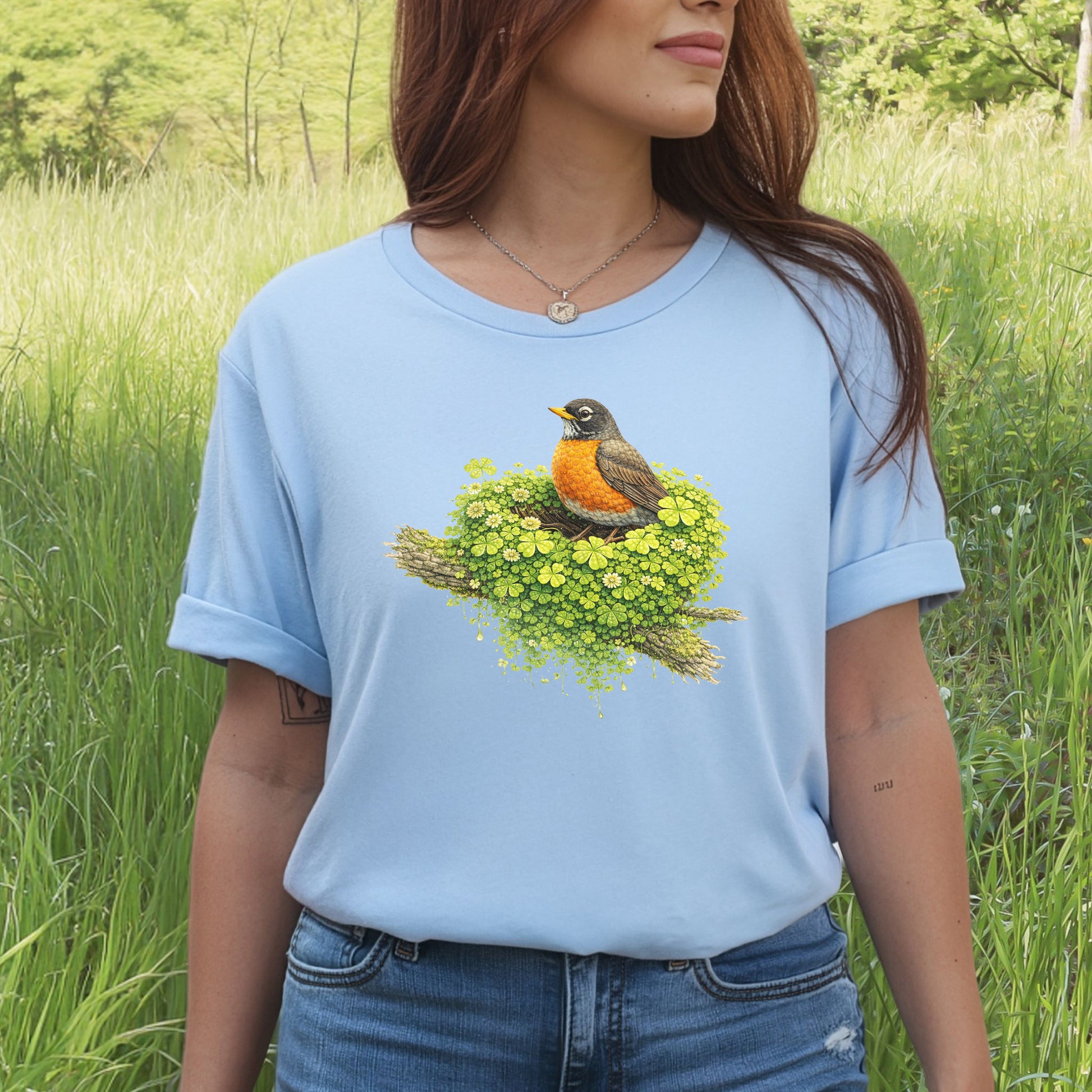 Emerald Robin T-Shirt – Clover Nest Bird Lover Tee for St. Patrick’s Day