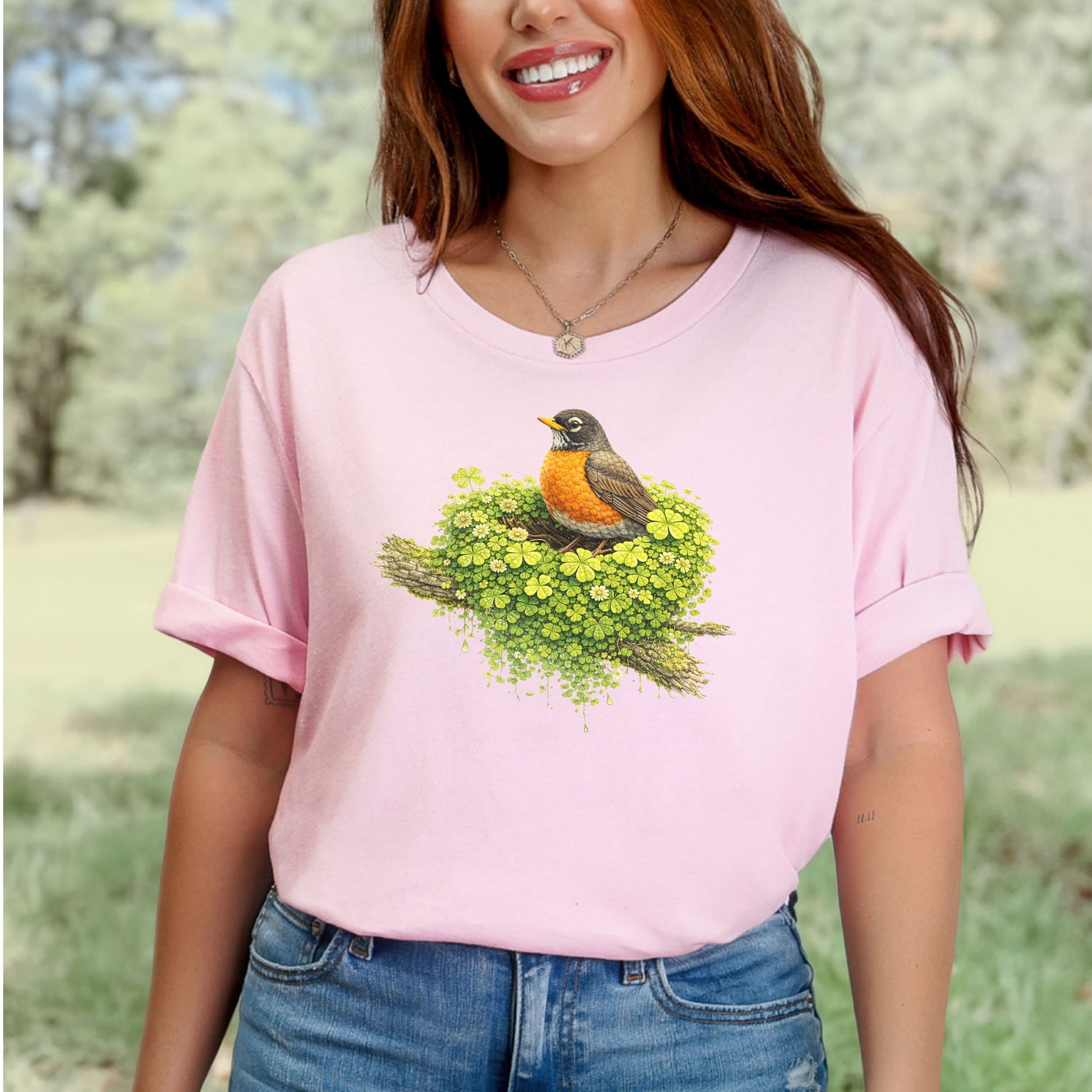 Emerald Robin T-Shirt – Clover Nest Bird Lover Tee for St. Patrick’s Day