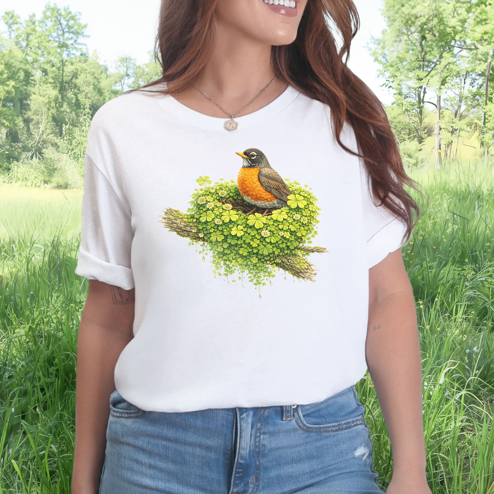 Emerald Robin T-Shirt – Clover Nest Bird Lover Tee for St. Patrick’s Day