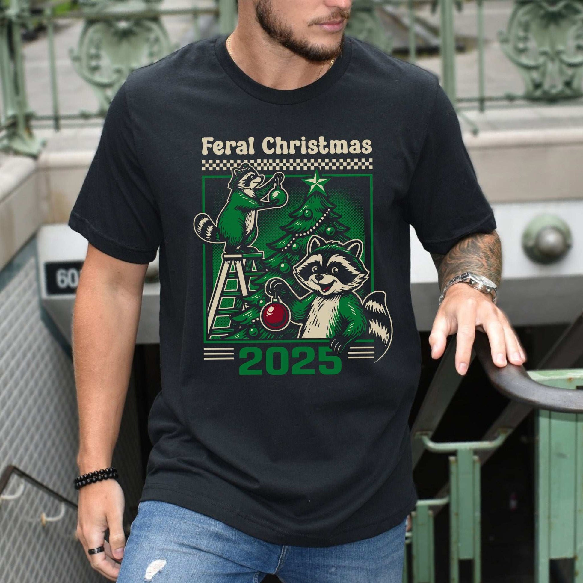 Feral Christmas Raccoon T-Shirt – Cute Chaos Holiday Tree Tee